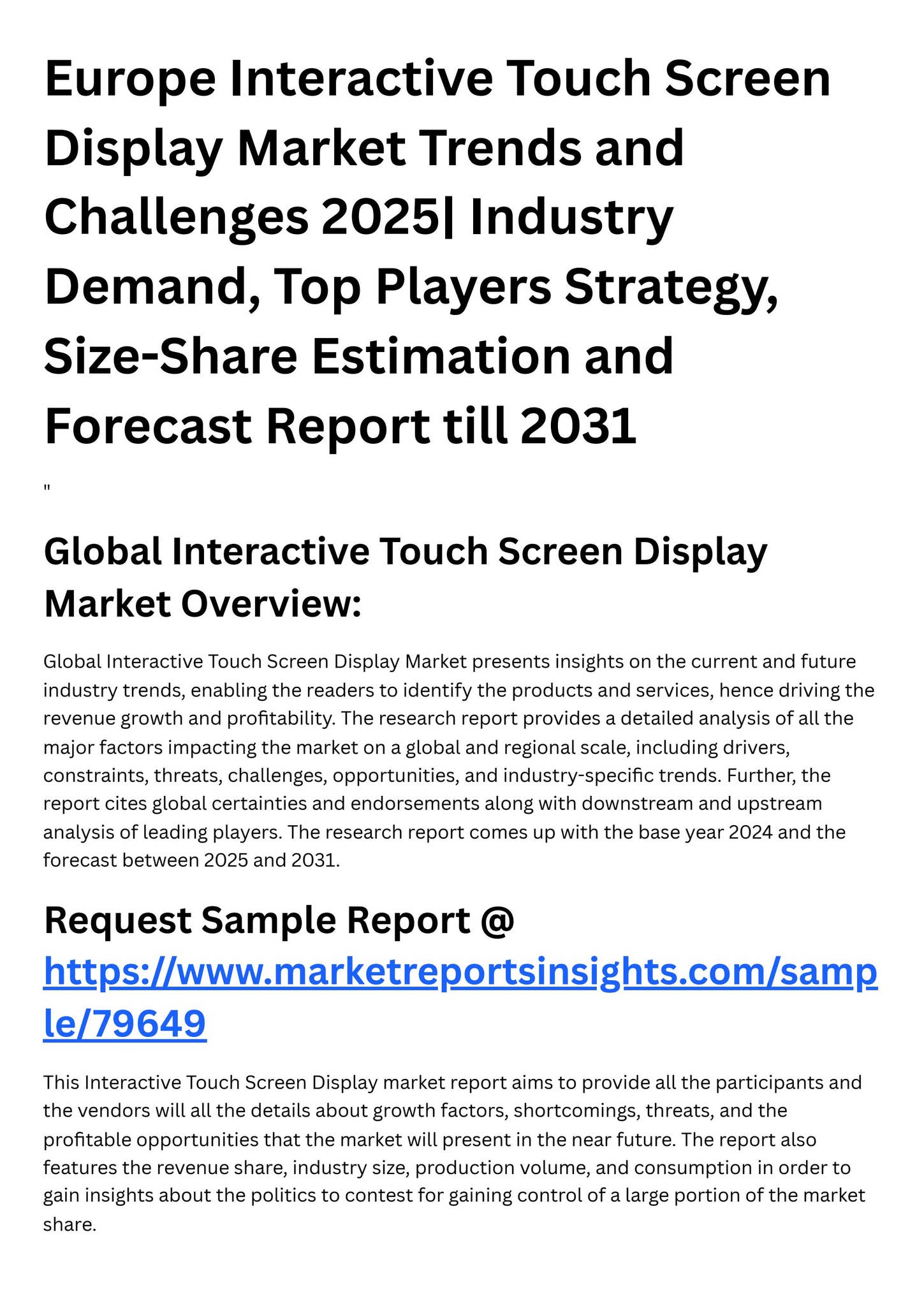 Europe Interactive Touch Screen Display Market Trends and Challenges ...