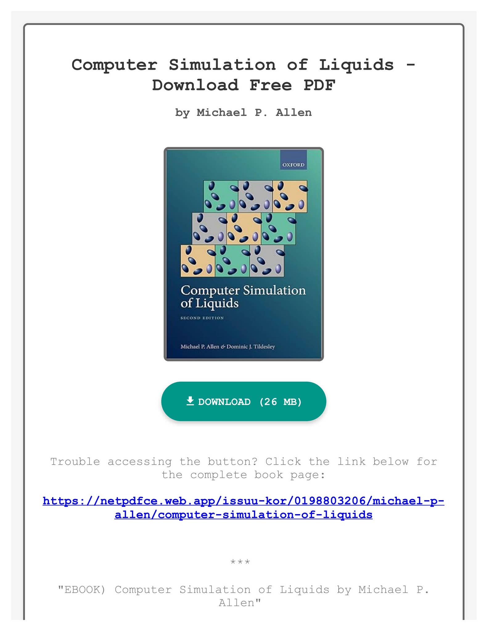 EBOOK) Computer Simulation of Liquids by Michael P. Allen by ...