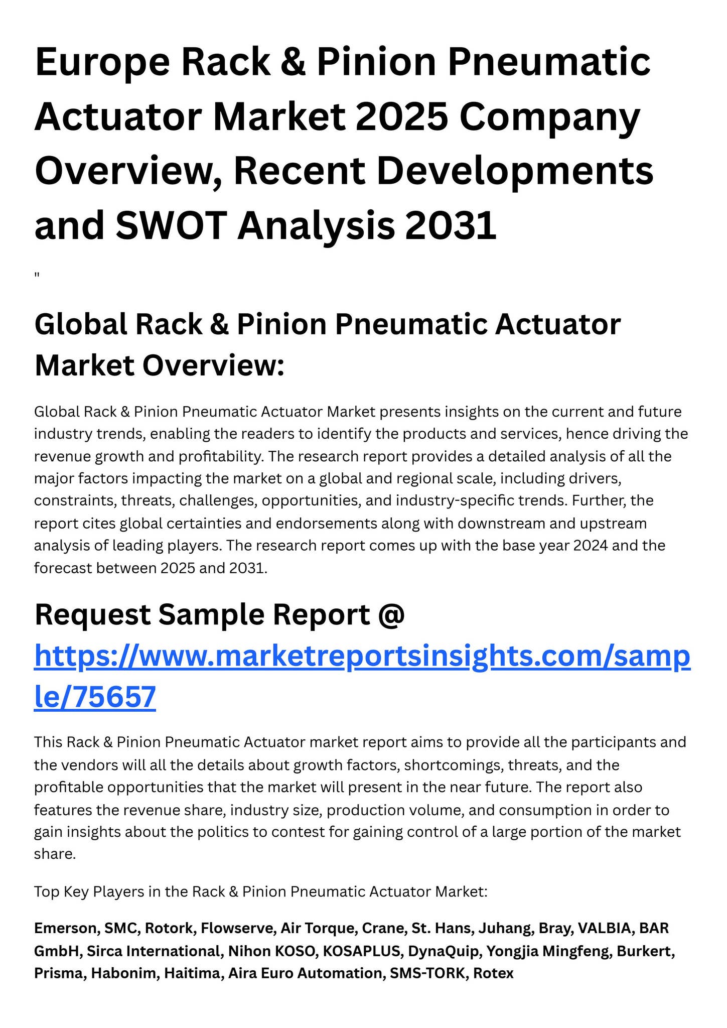 Europe Rack & Pinion Pneumatic Actuator Market 2025 Company Overview ...