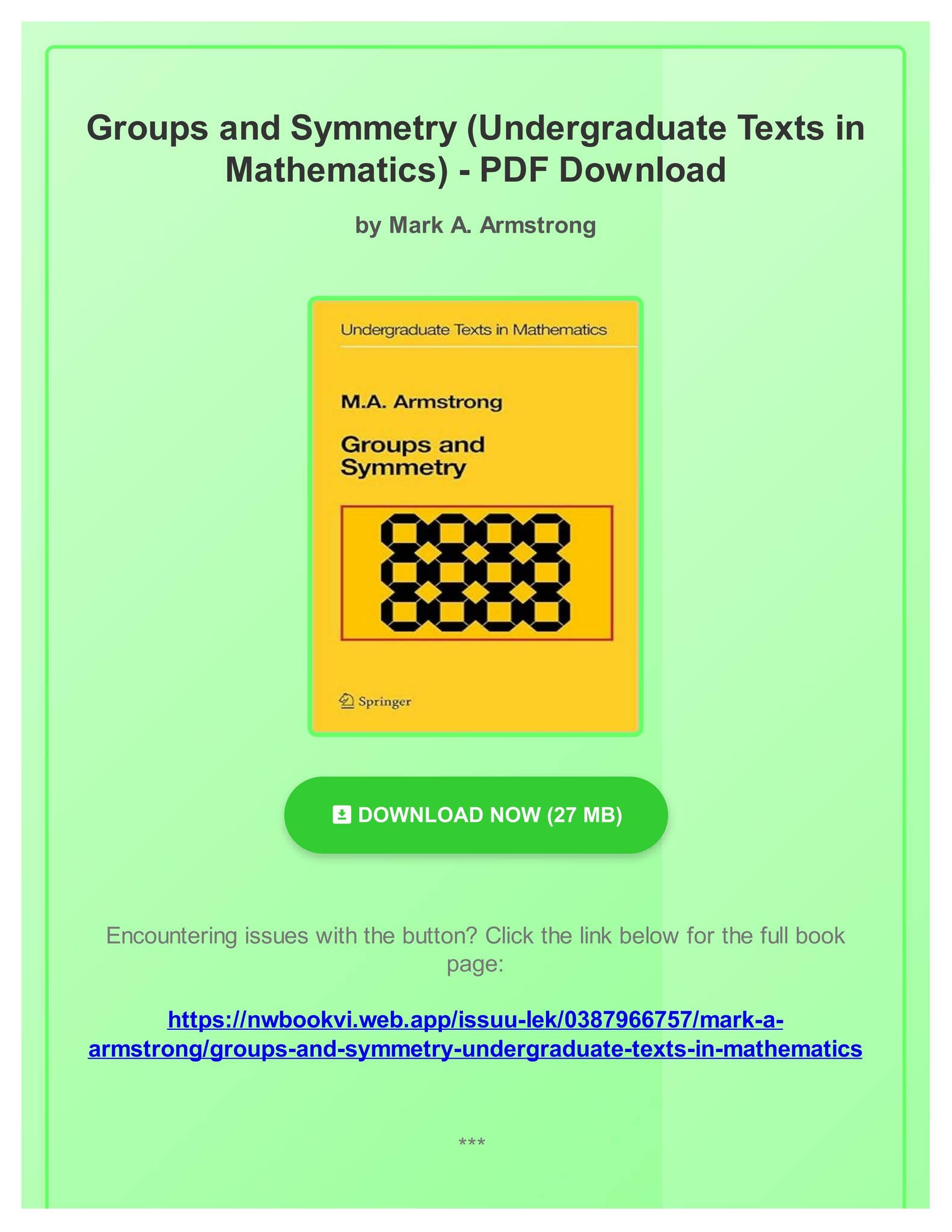 PDF Download) Groups and Symmetry (Undergraduate Texts in