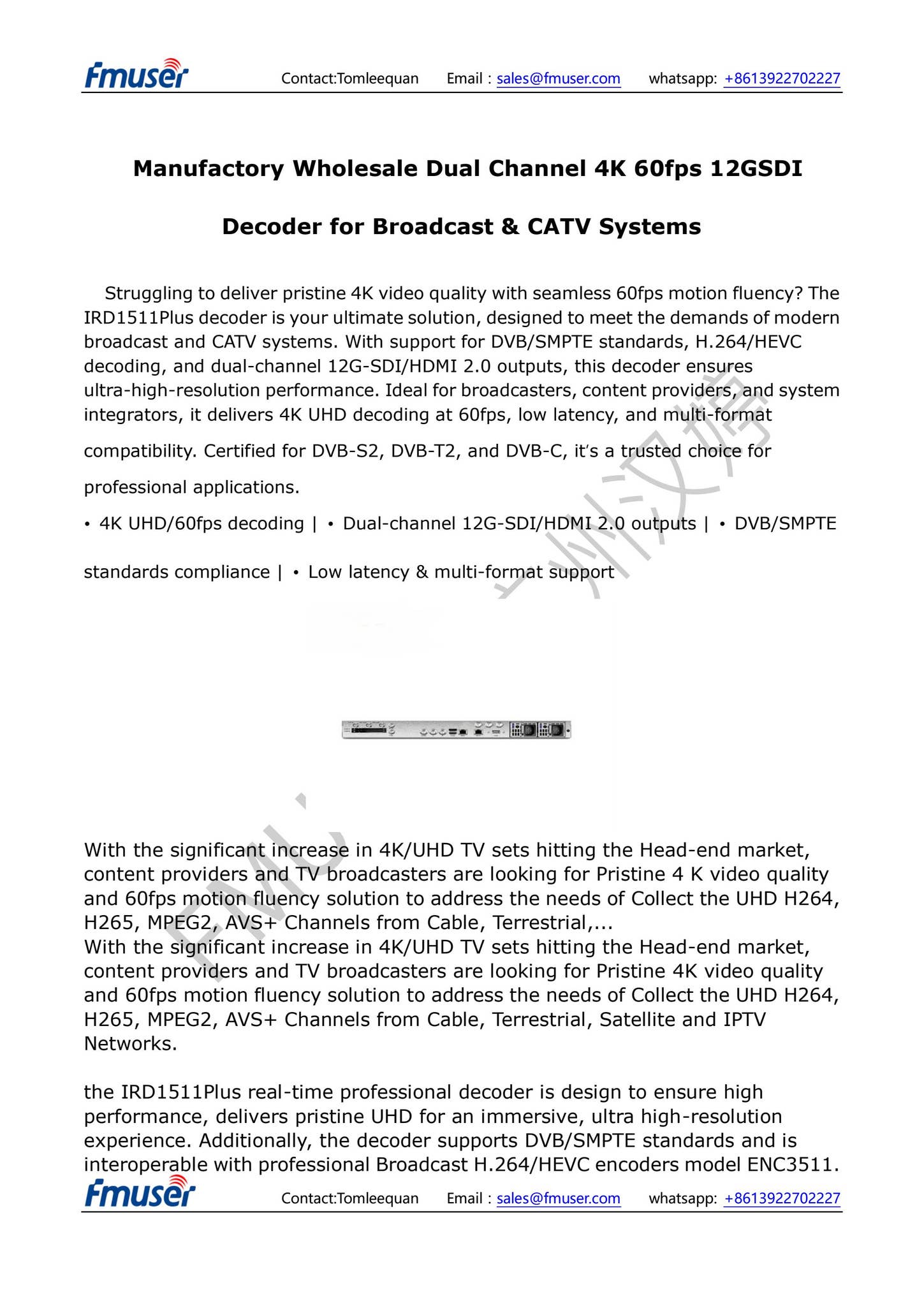 Manufactory Wholesale Dual Channel 4K 60fps 12GSDI Decoder for ...