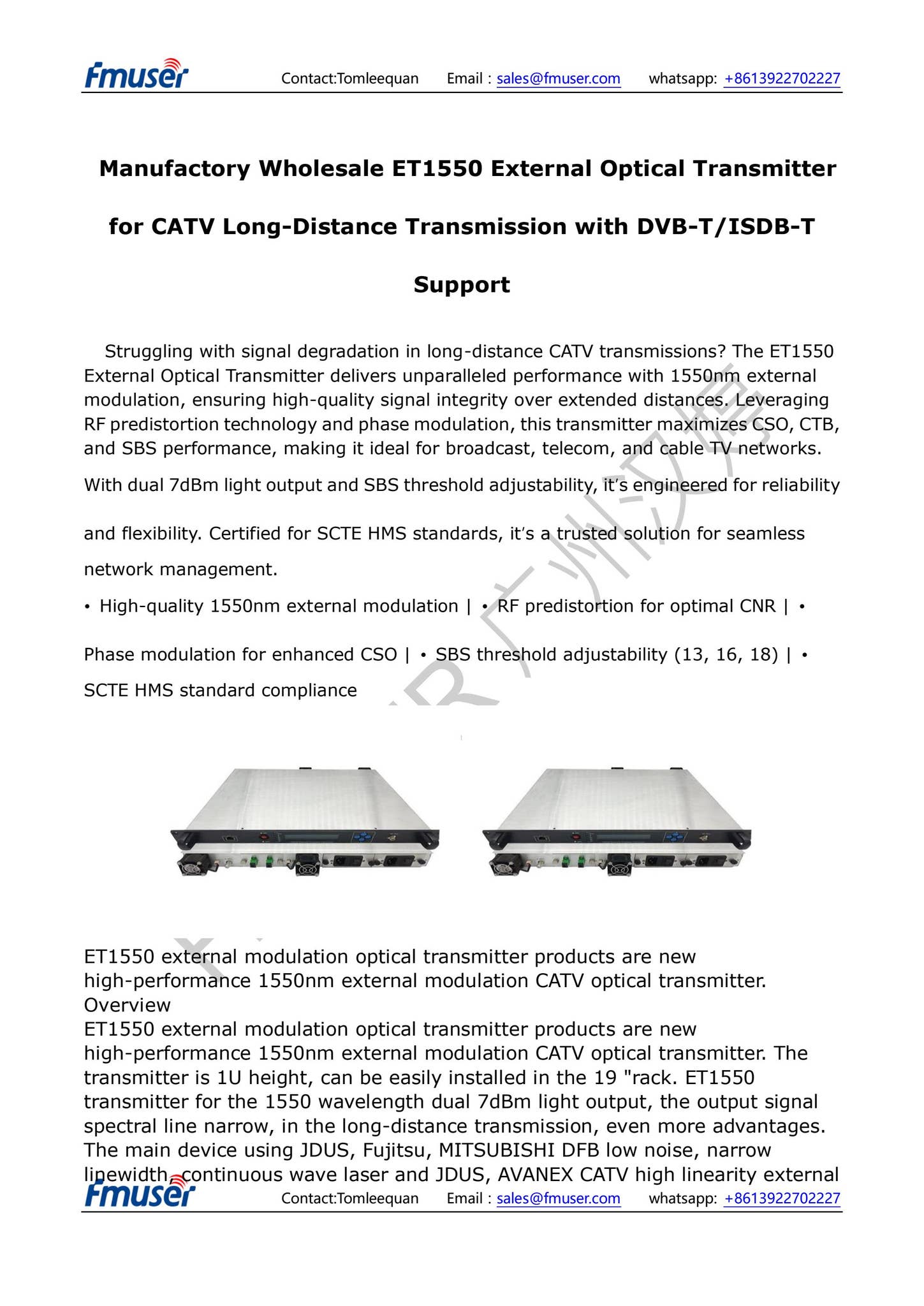 Manufactory Wholesale ET1550 External Optical Transmitter for CATV Long ...