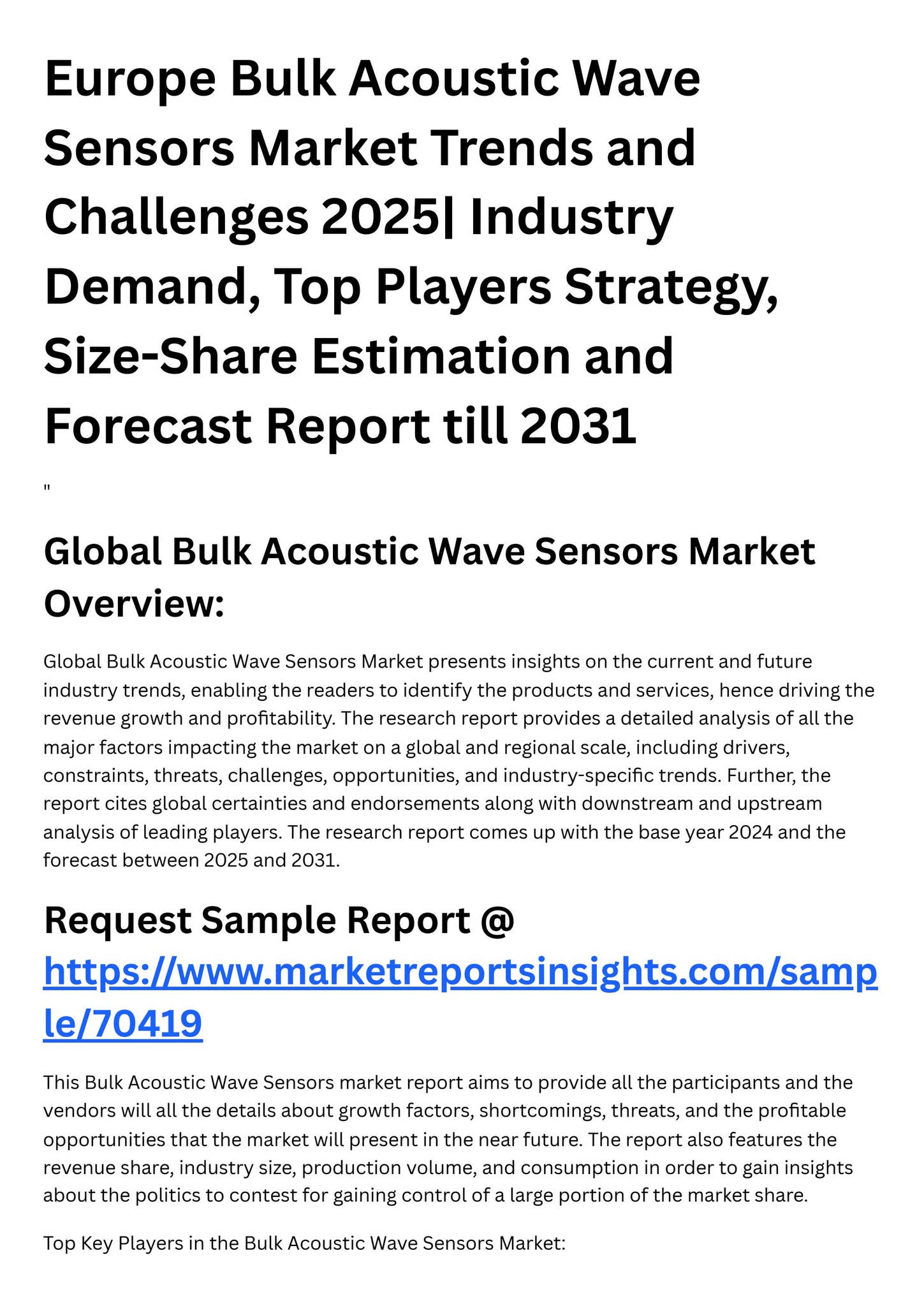 Europe Bulk Acoustic Wave Sensors Market Trends and Challenges 2025 ...