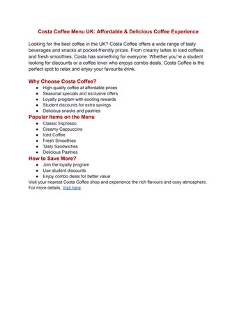 Costa Coffee Menu UK- Affordable & Delicious Coffee Experience