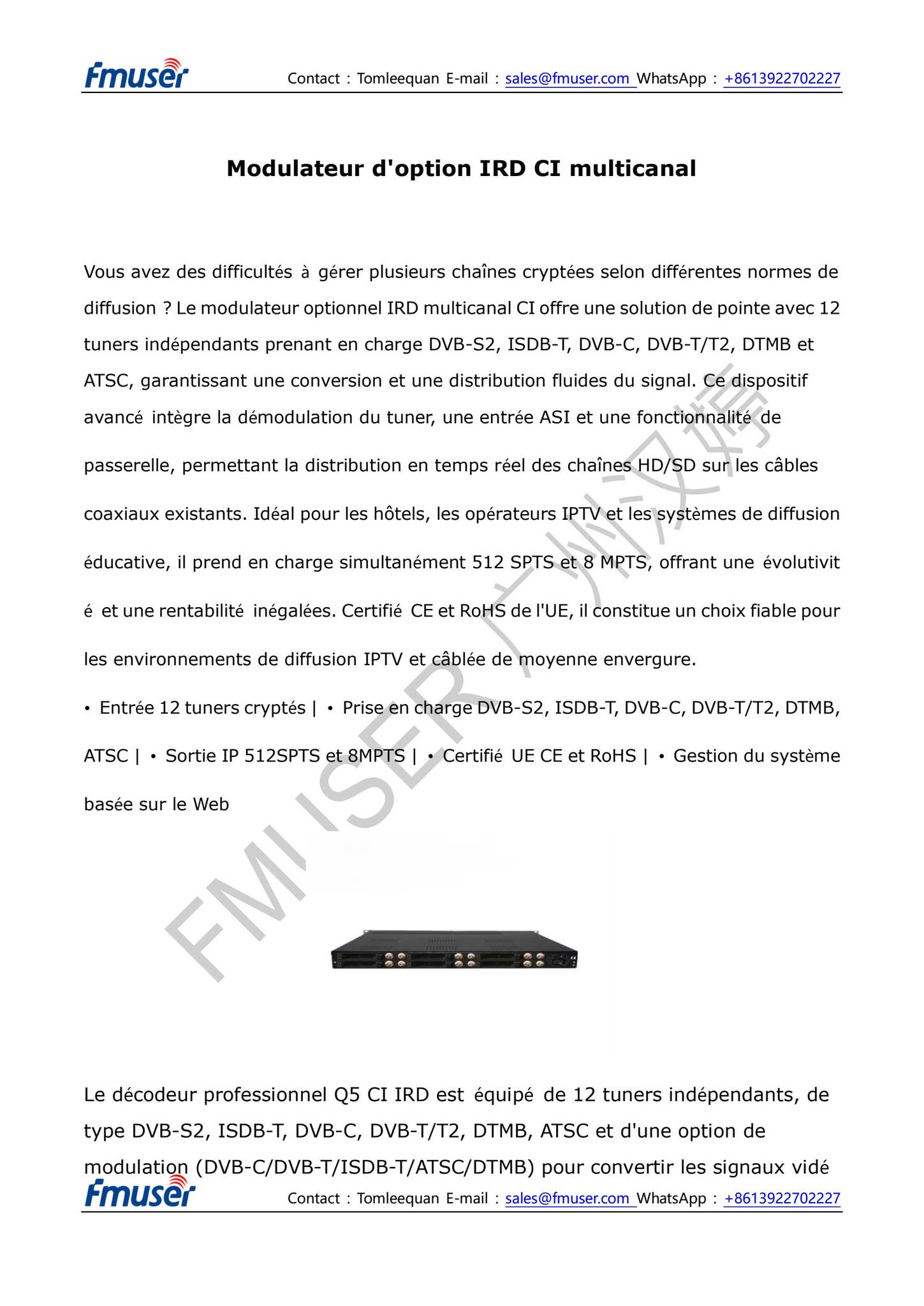 Modulateur Disque Modulateur d'option CI IRD multicanal en gros de fabrication by FMUSER ...