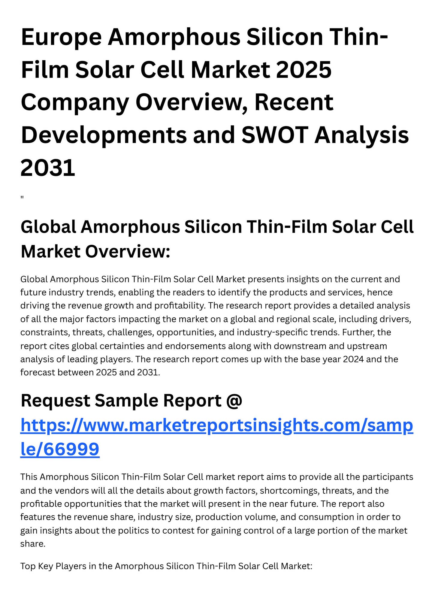 Europe Amorphous Silicon Thin-Film Solar Cell Market 2025 Company ...