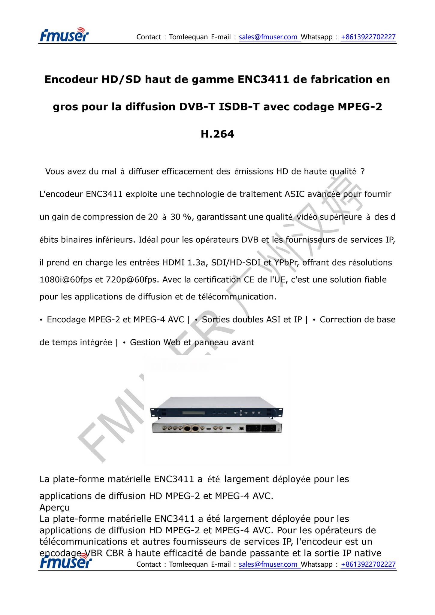 Codage Hd Encodeur HD/SD premium ENC3411 pour diffusion DVB-T ISDB-T avec codage ...