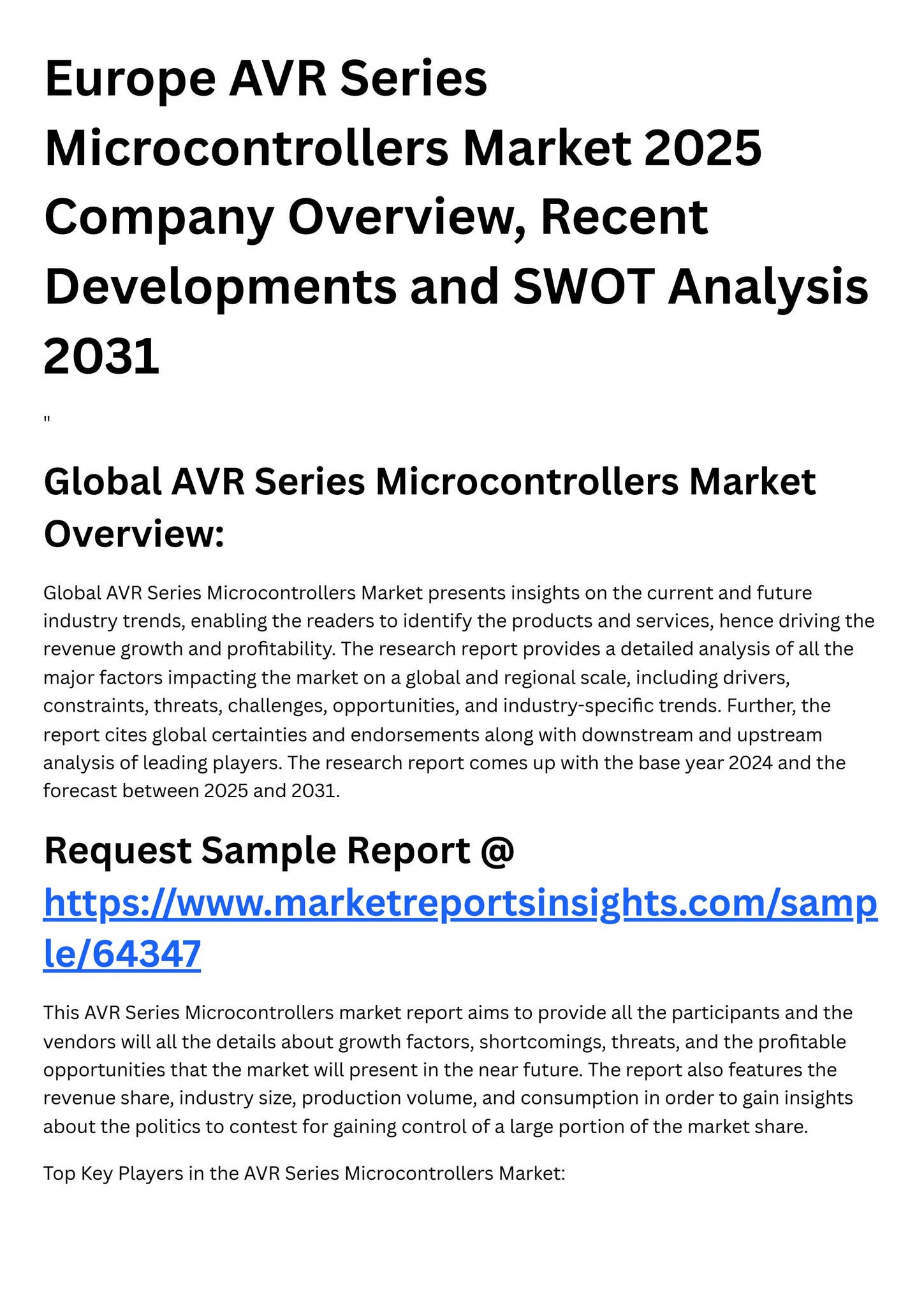 Microcontroller Swot Analysis Europe AVR Series Microcontrollers Market 2025 Company Overview, Recent ...