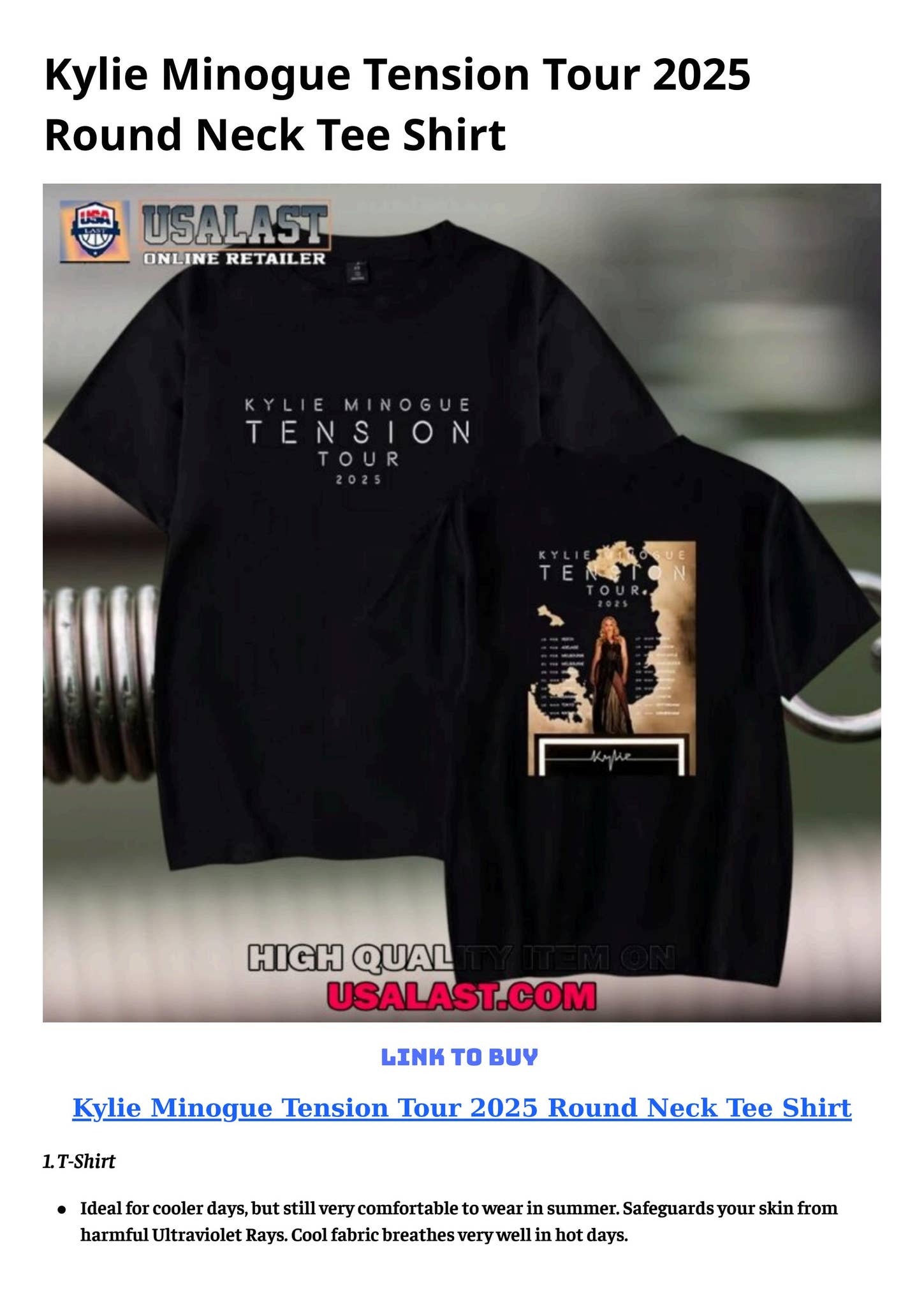 Kylie Minogue Tension Tour 2025 Round Neck Tee Shirt by