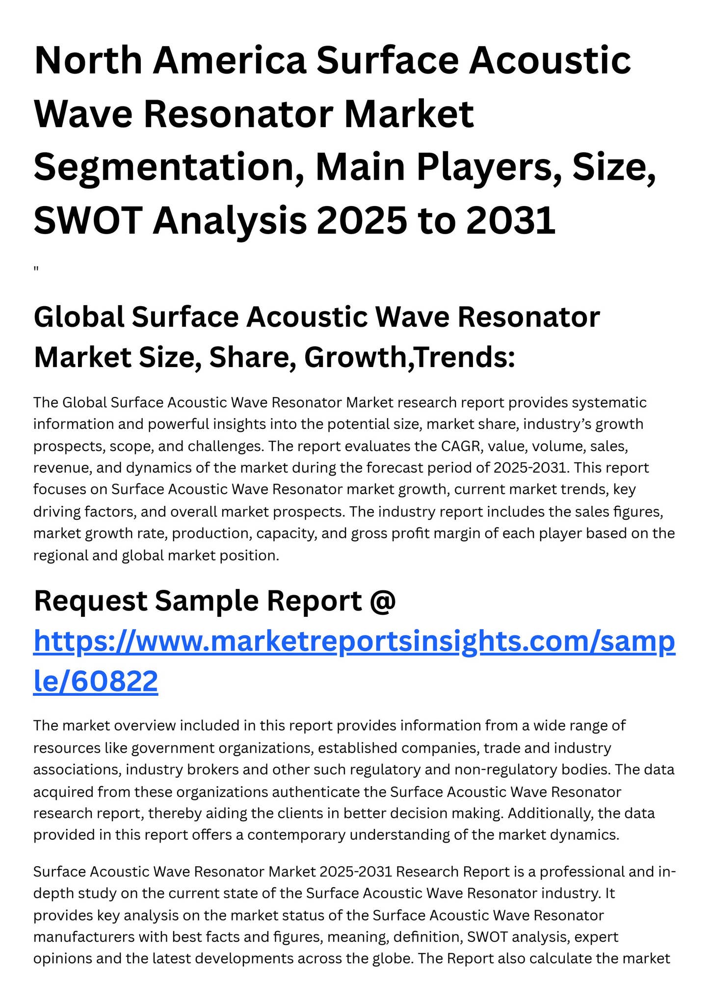 North America Surface Acoustic Wave Resonator Market Segmentation, Main ...