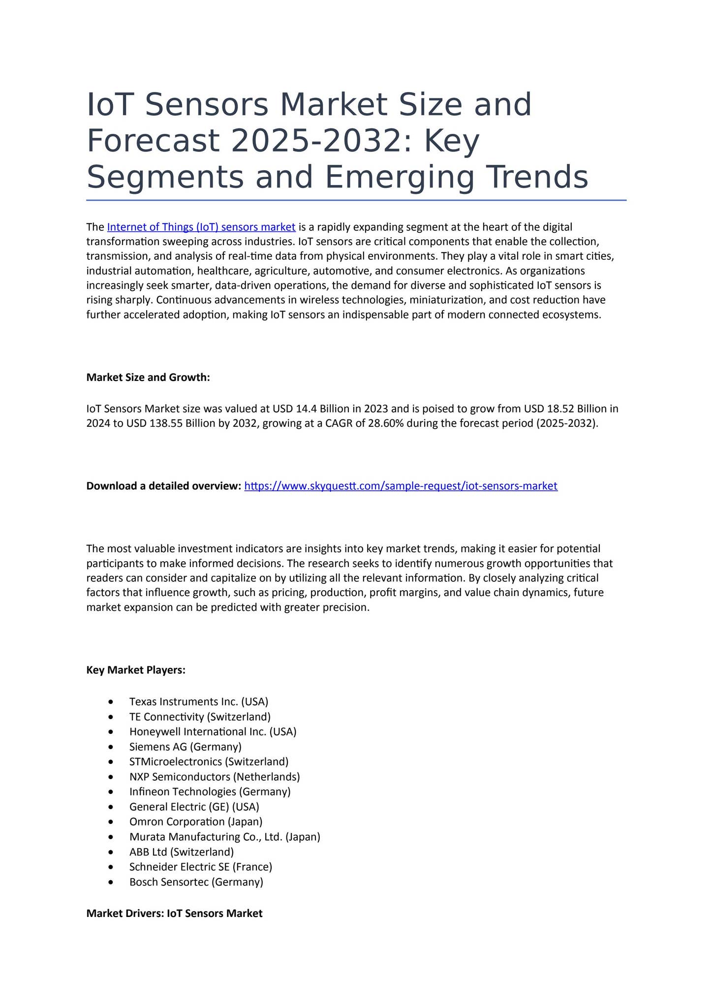IoT Sensors Market Size and Forecast 2025-2032 by SkyQuest Technology ...