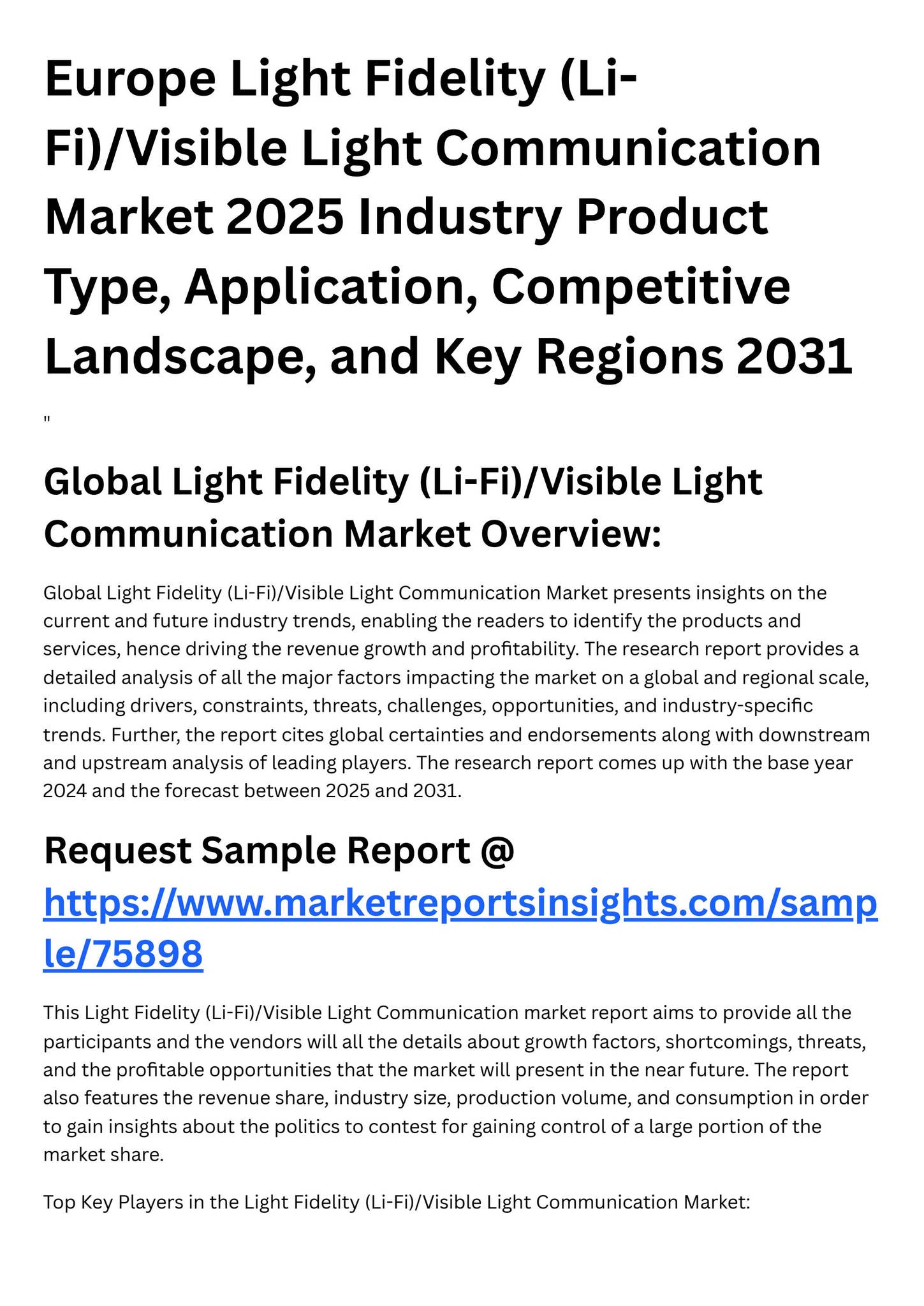 Europe Light Fidelity (Li-Fi)Visible Light Communication Market 2025 ...