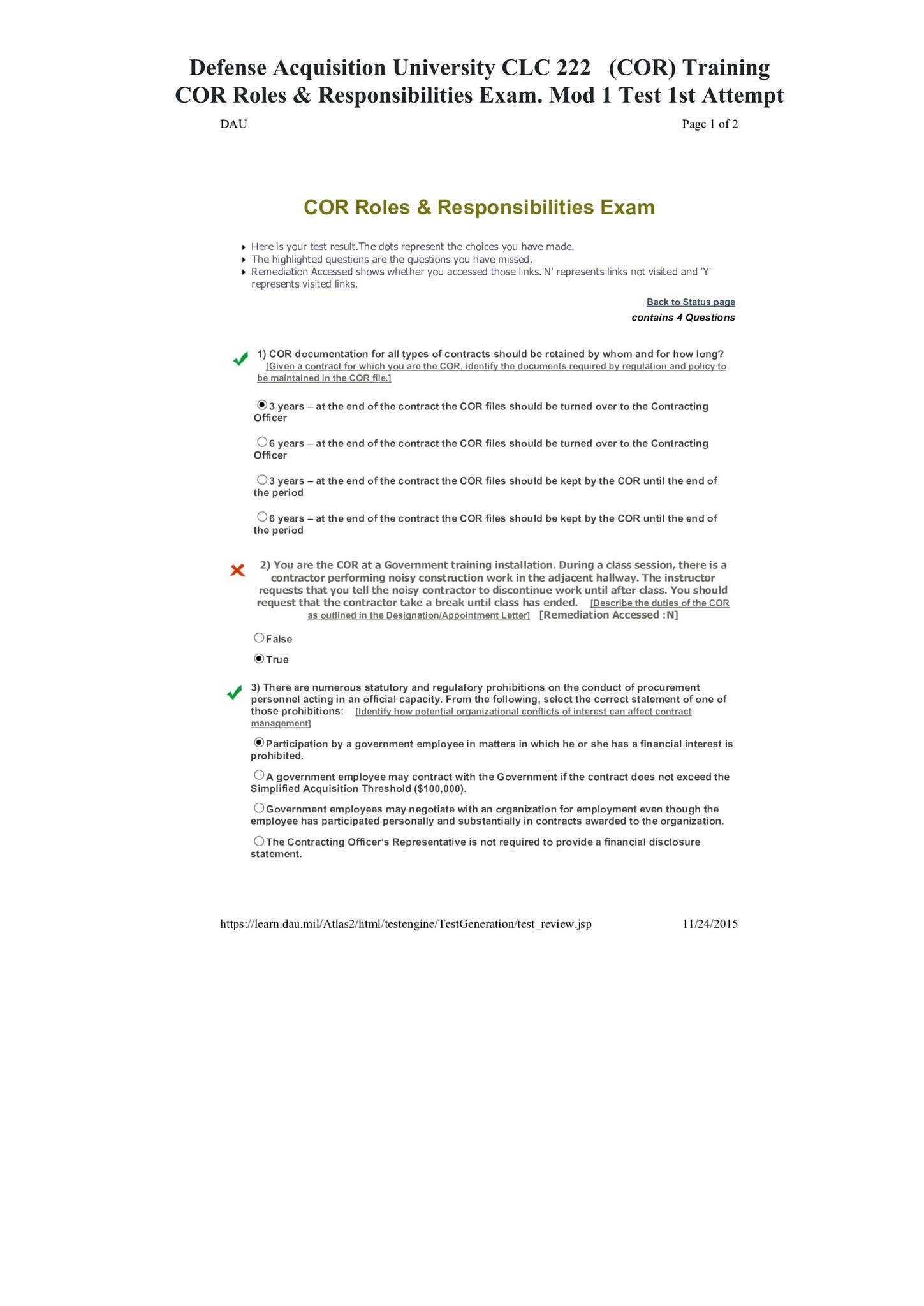 CLC 222 (COR) Training COR Roles & Responsibilities Exam. Mod 1 Test ...