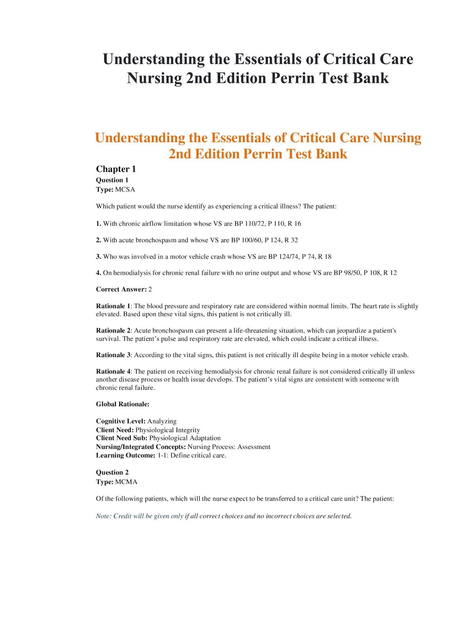 TEST BANK for Understanding the Essentials of Critical Care Nursing 2nd ...