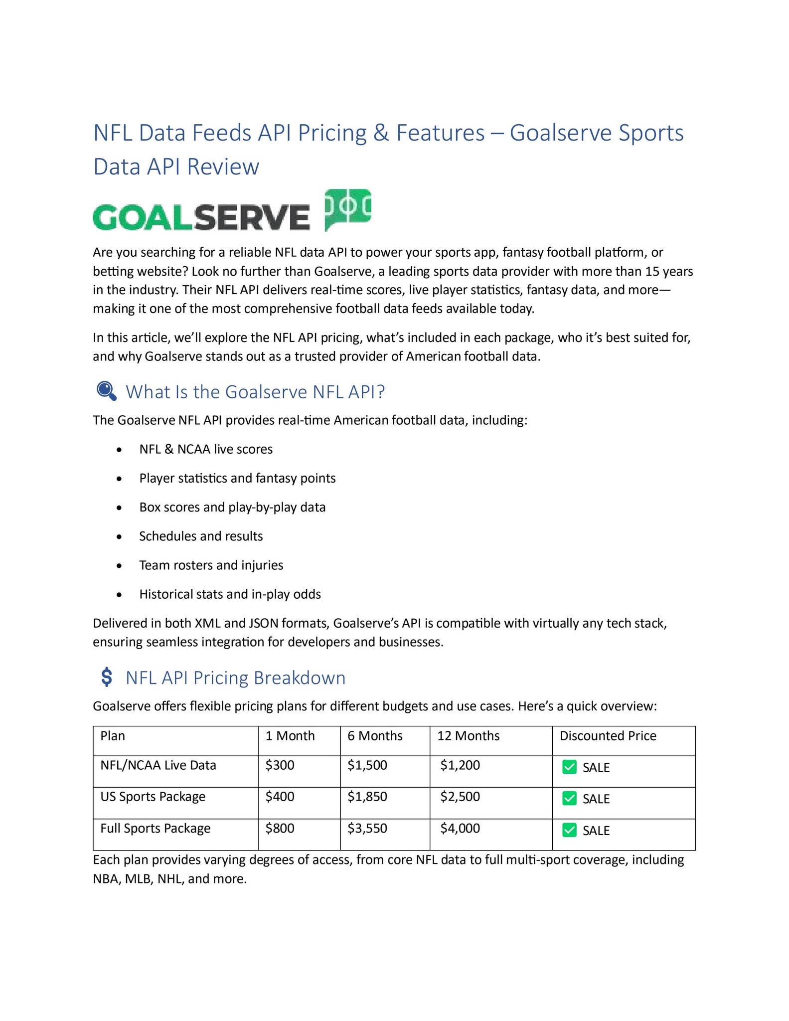 NFL Data Feeds API Pricing & Features - Goalserve Sports Data API ...