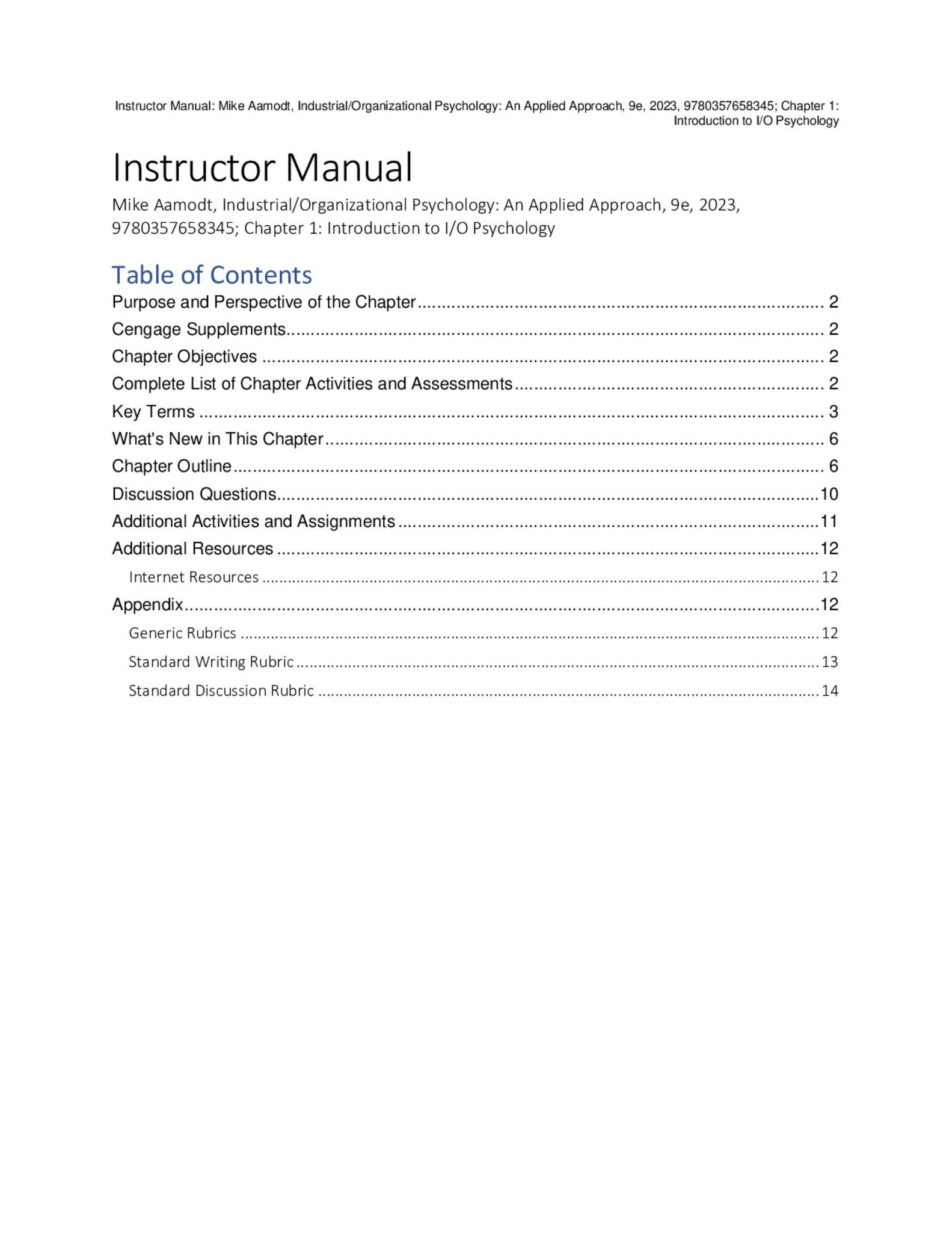 Instructor's Manual for Industrial Organizational Psychology An Applied Approach 9th Edition by ...