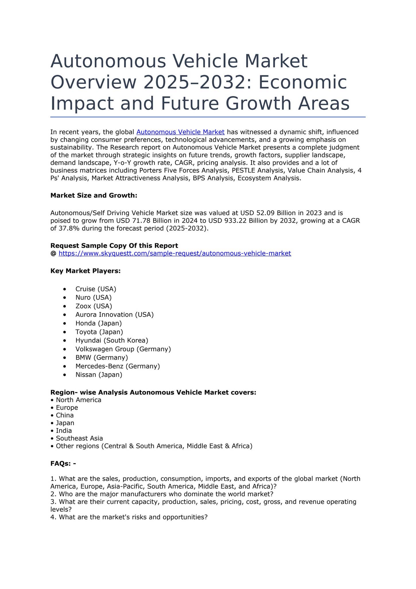 Autonomous Vehicle Market Overview 2032 by SkyQuest Technology Group ...