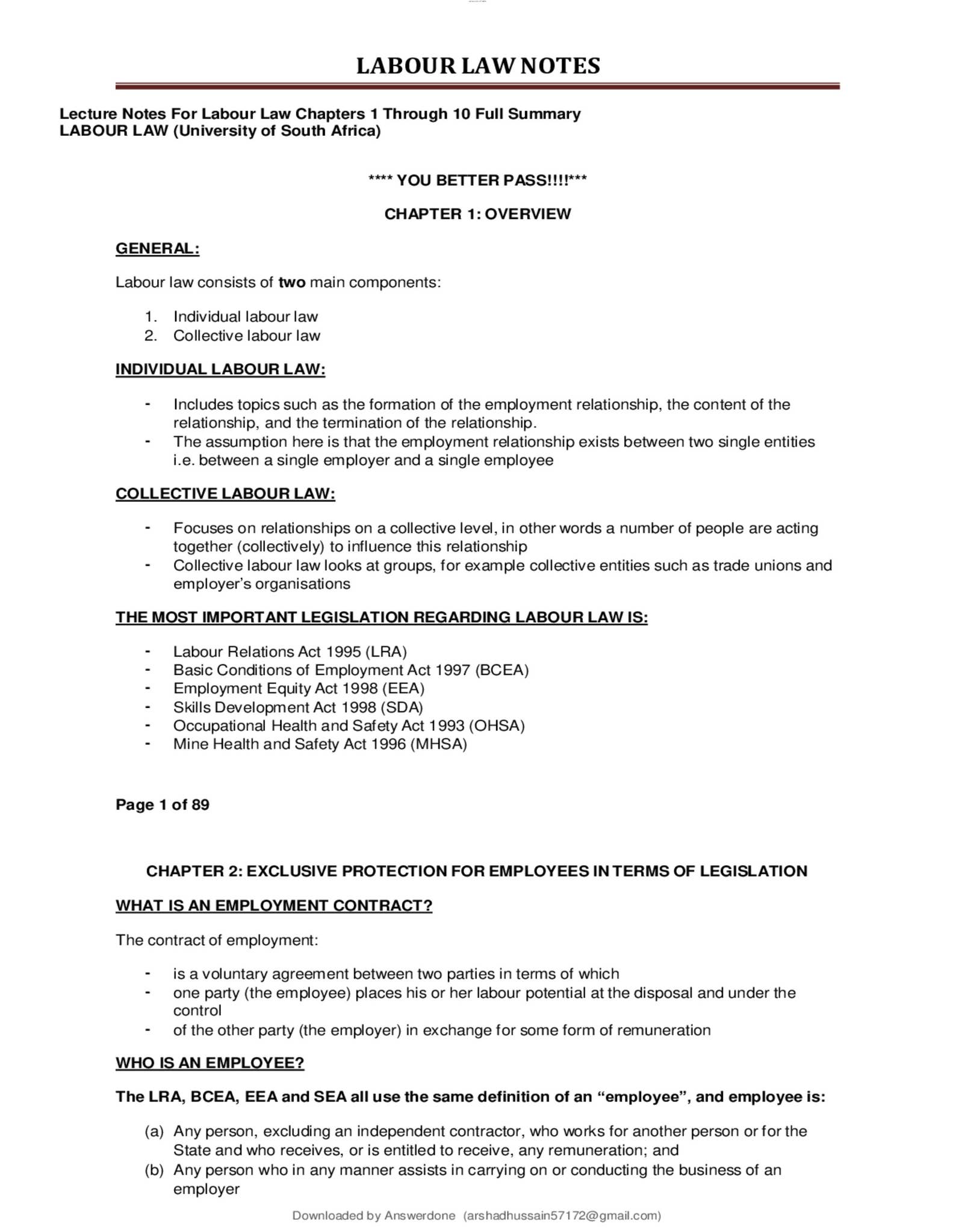 Labour Law _ Lecture Notes Full Summary For Chapters 1-10 by ...