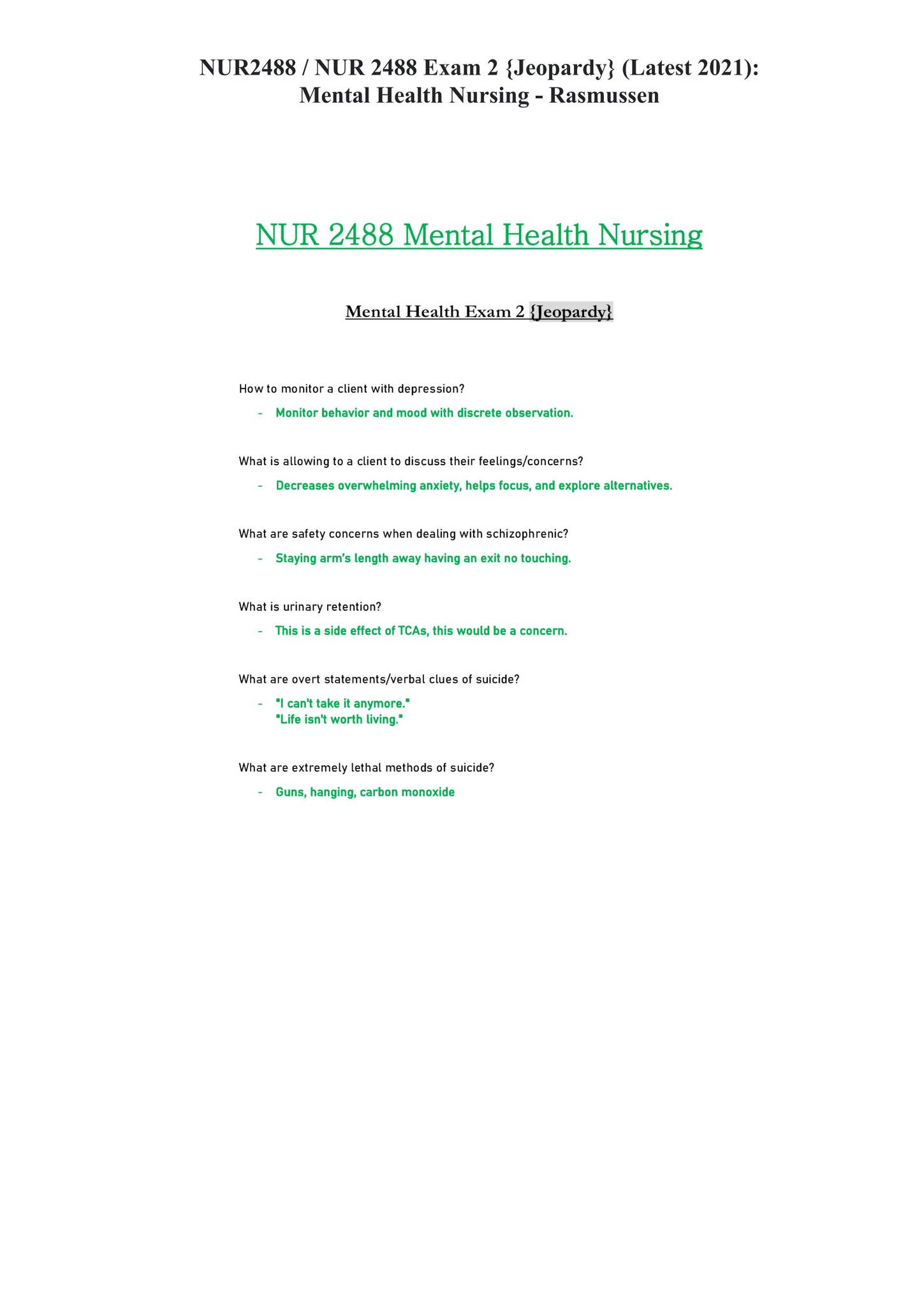 NUR2488 / NUR 2488 Exam 2 {Jeopardy} Mental Health Nursing - Rasmussen ...