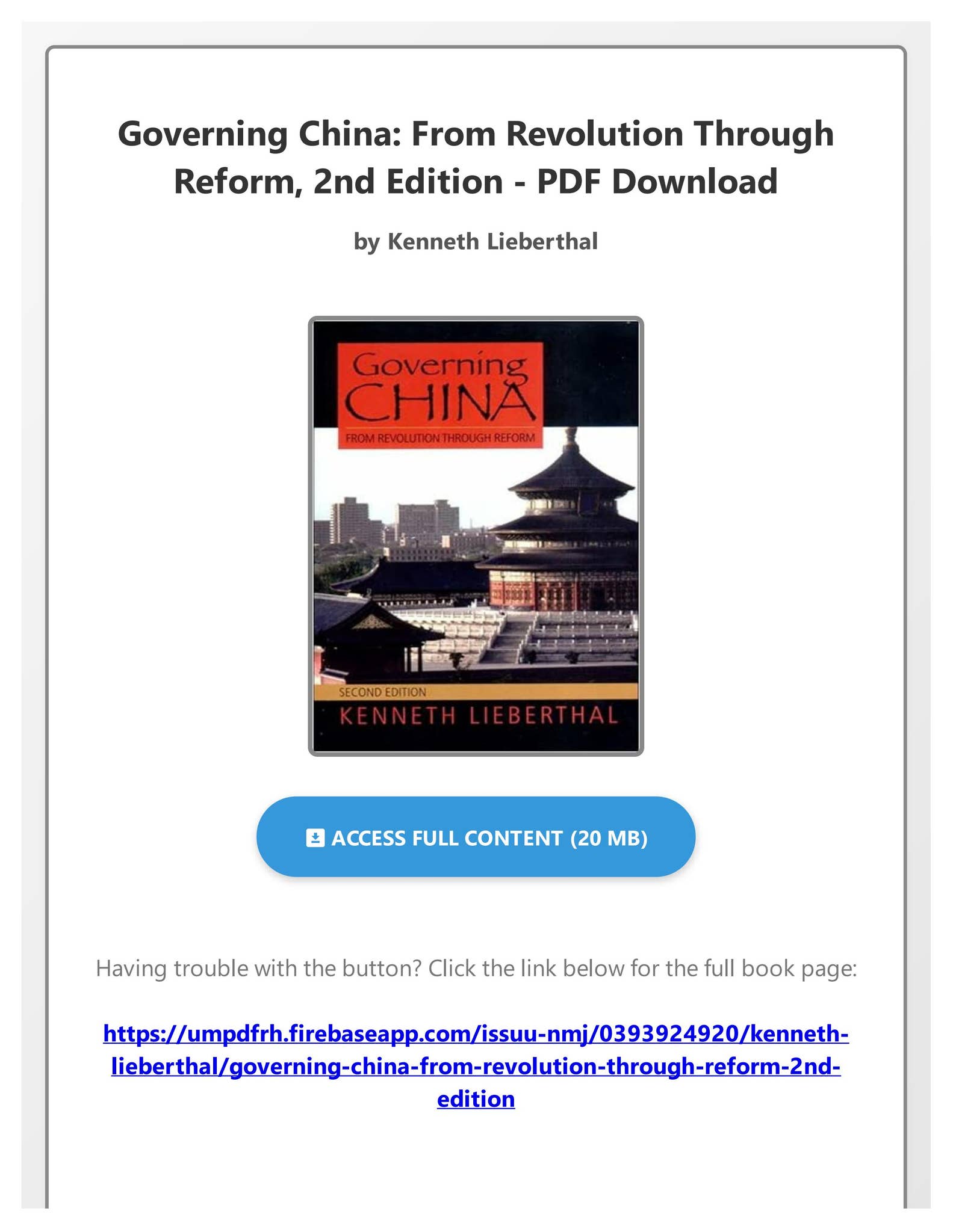 EBOOK) Governing China: From Revolution Through Reform, 2nd Edition by Kenneth Lieberthal by ...