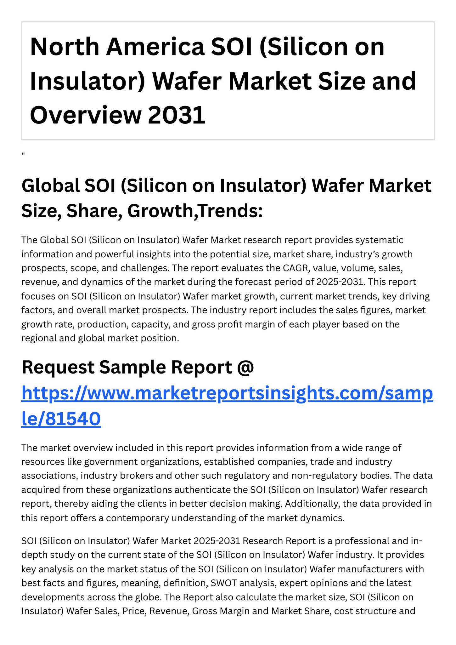 North America SOI (Silicon on Insulator) Wafer Market Size and Overview ...