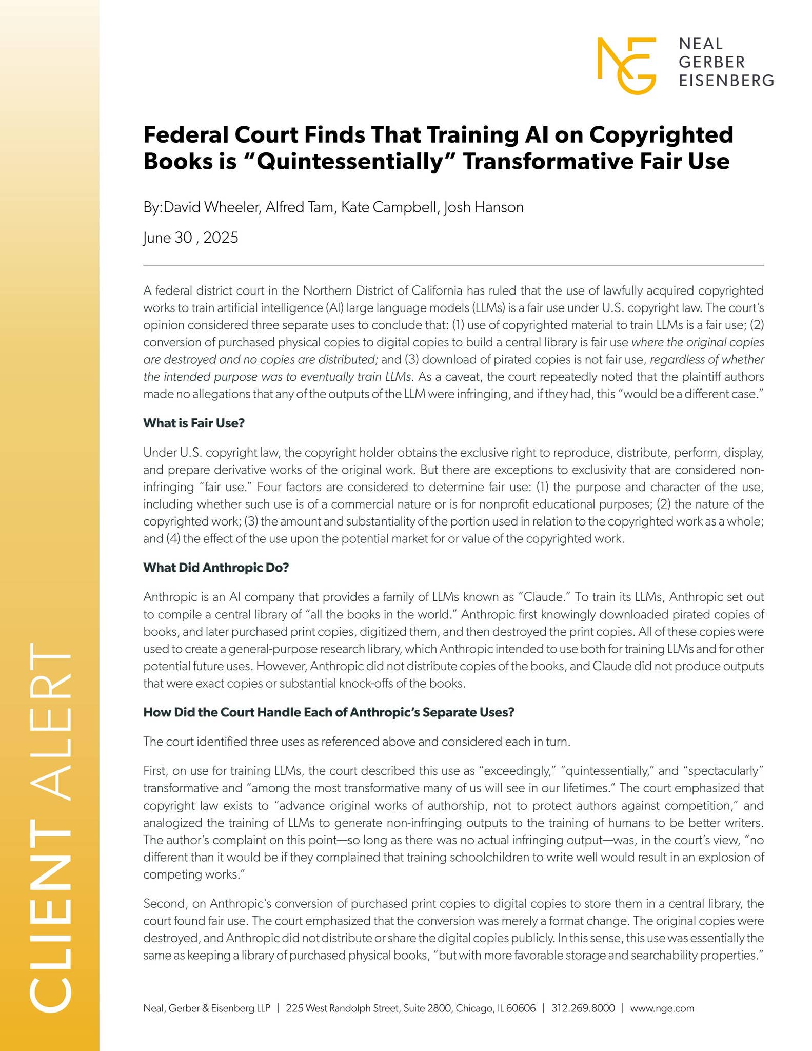 Client Alert – Federal Court Finds That Training AI on Copyrighted ...
