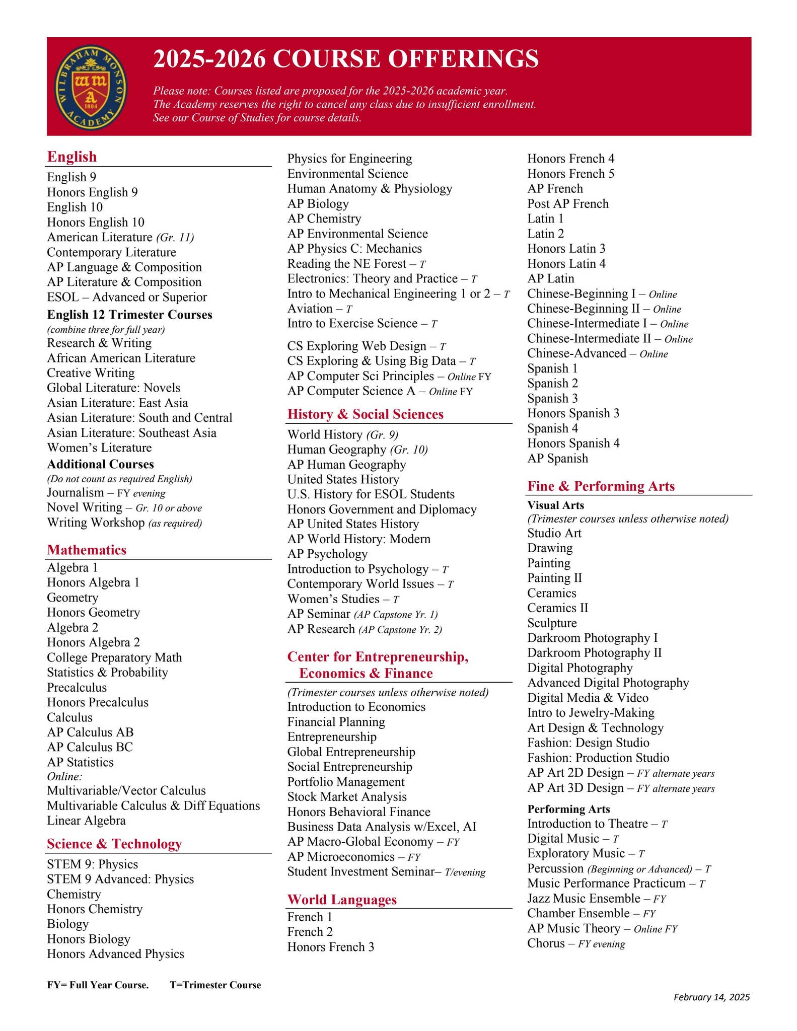 Course Listing one page 2025 by Wilbraham & Monson Academy - Issuu