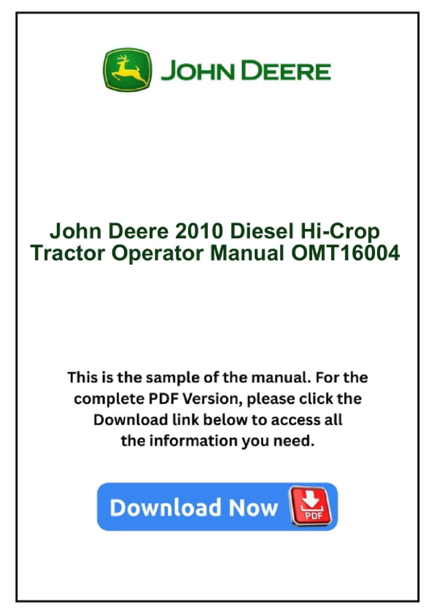 John Deere 2010 Diesel Hi-Crop Tractor Operator Manual OMT16004 by ...