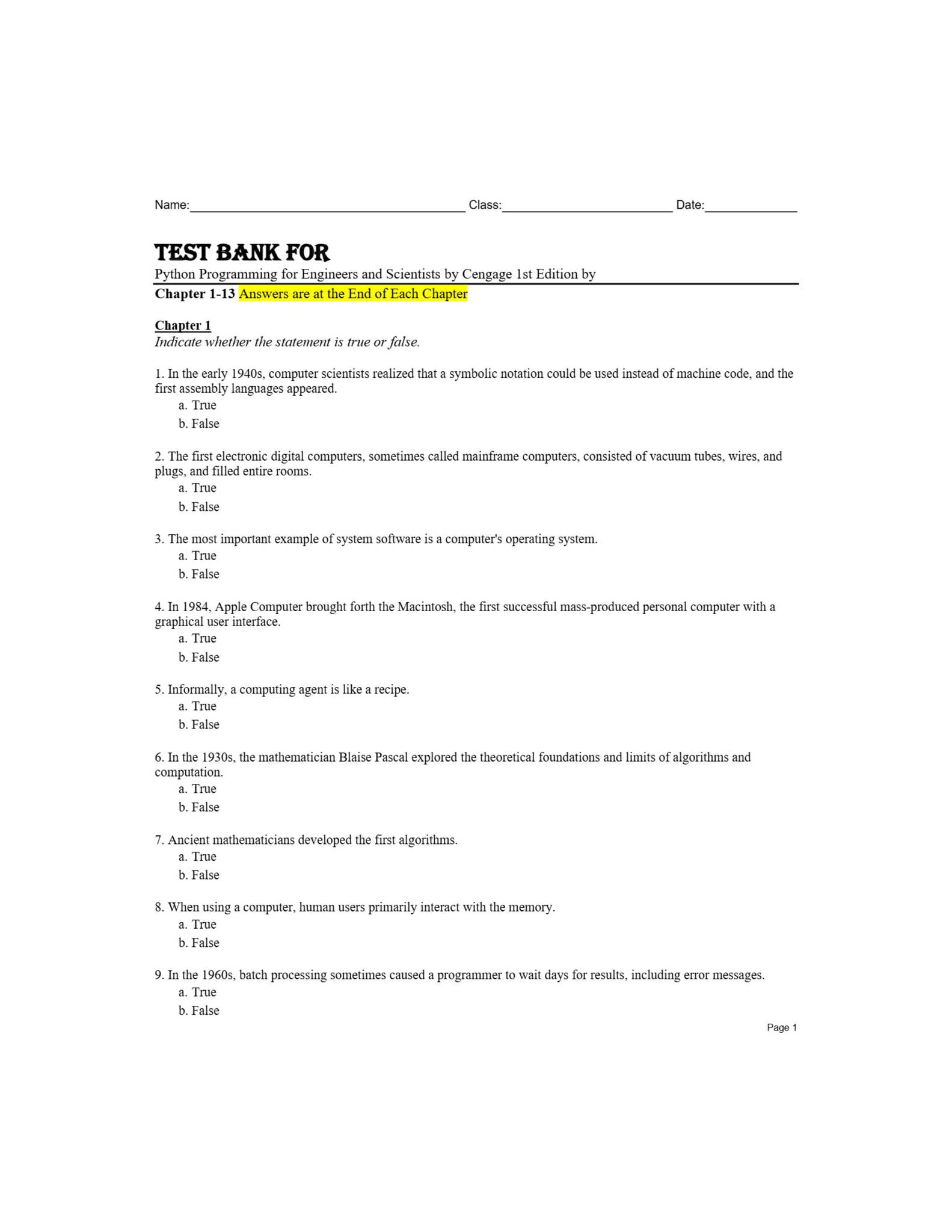 Test Bank For Python Programming for Engineers and Scientists by ...