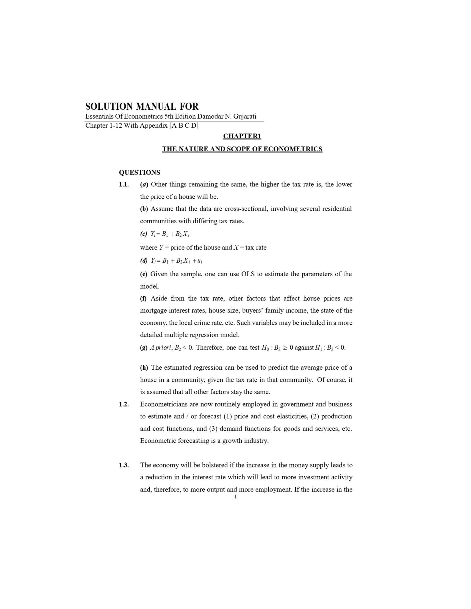 Solution Manual for Essentials Of Econometrics 5th Edition Damodar N ...