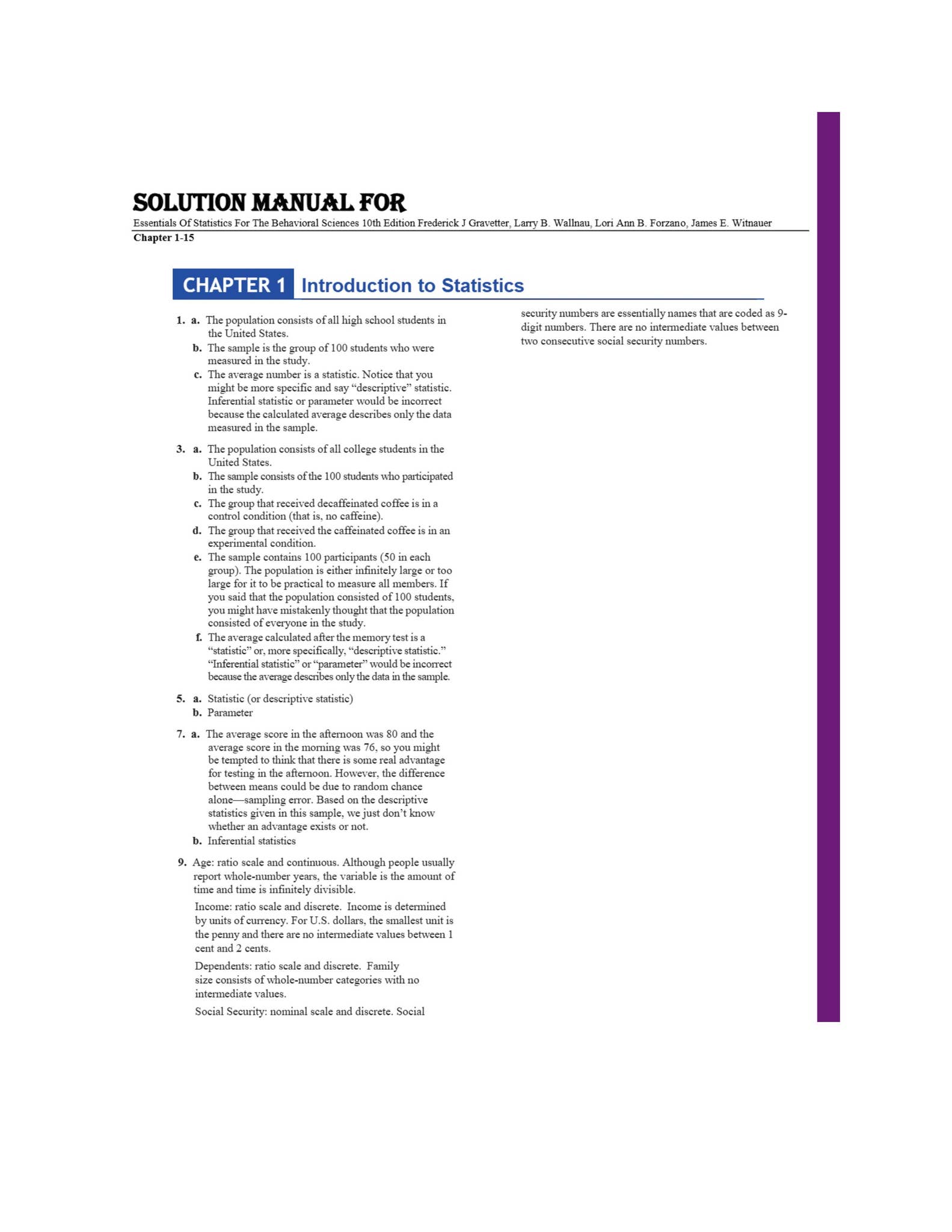 Solution Manual for Essentials Of Statistics For The Behavioral ...