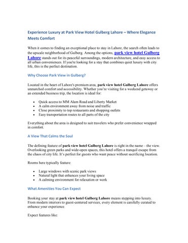 Experience Luxury at Park View Hotel Gulberg Lahore – Where Elegance Meets Comfort