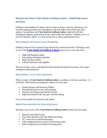 Discover the Finest 5 Star Hotels in Gulberg Lahore – Redefining Luxury and Class