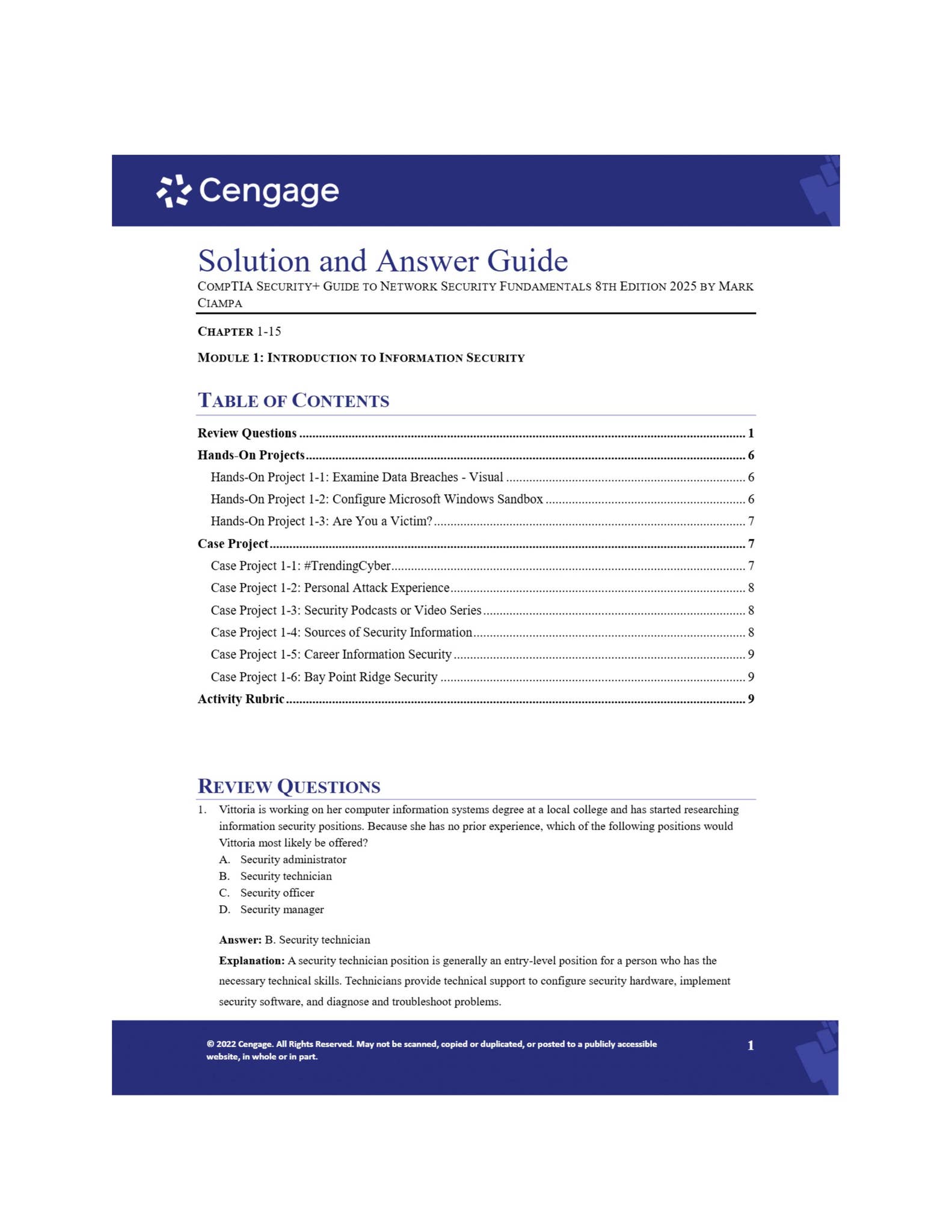 Solution and Answer Guide CompTIA Security+ Guide to Network Security ...