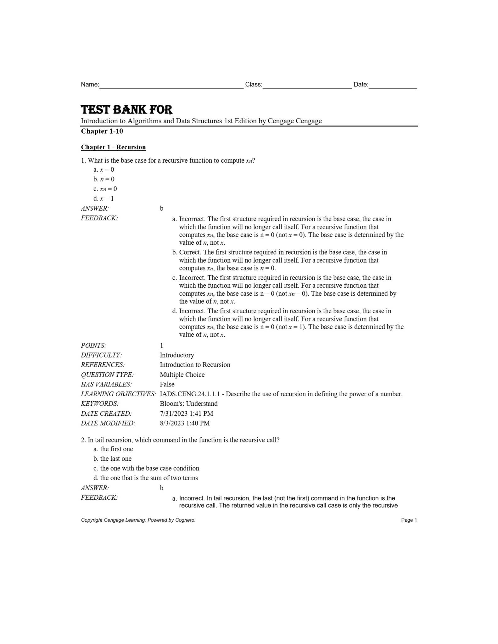 Test Bank For Introduction to Algorithms and Data Structures 1st ...