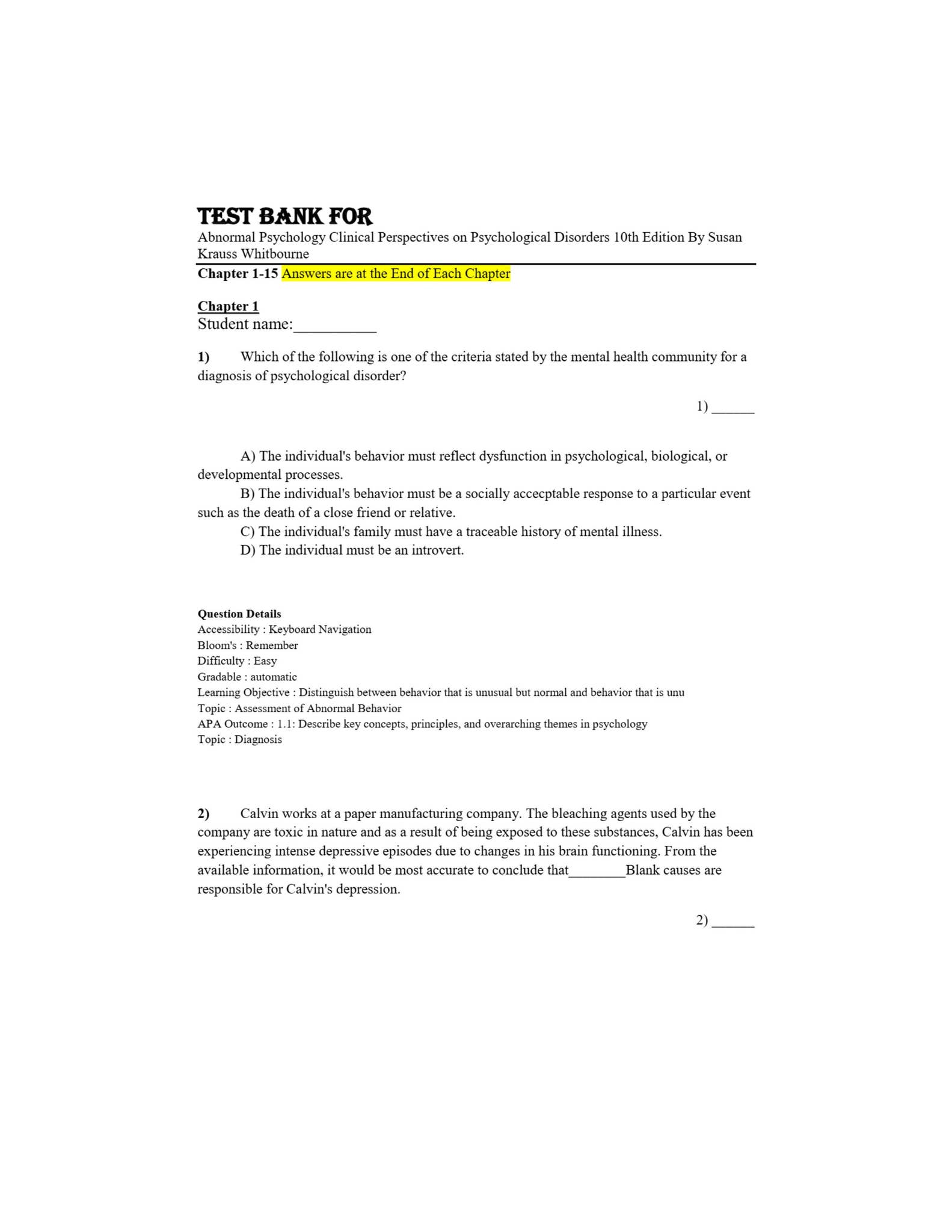 Test Bank For Abnormal Psychology Clinical Perspectives on ...