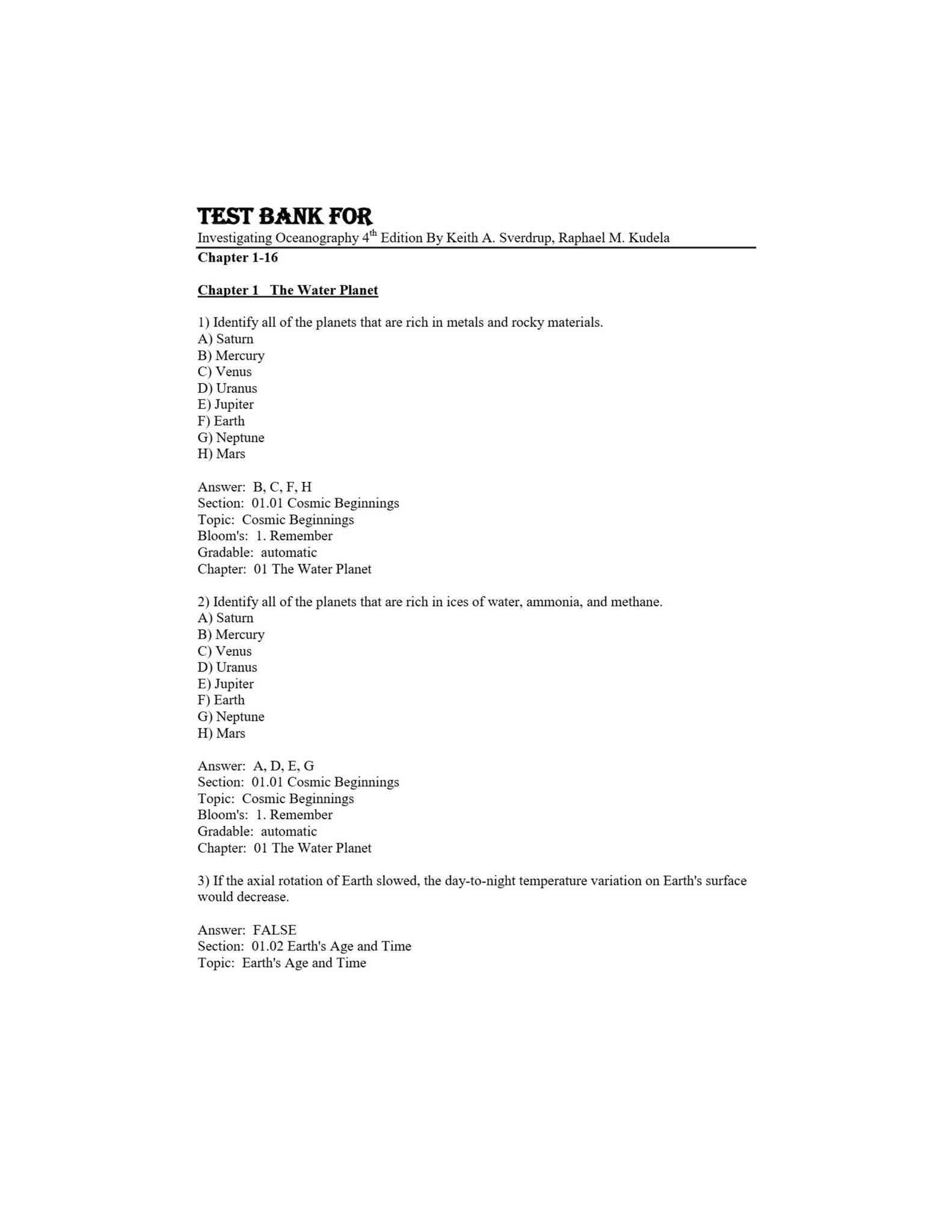 Test Bank For Investigating Oceanography 4th Edition By Keith A