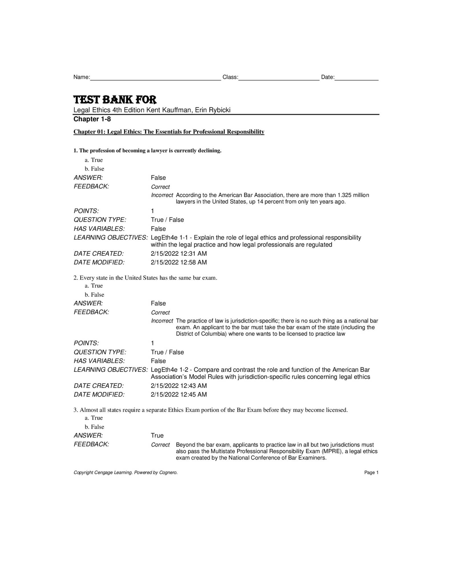 Test Bank For Legal Ethics 4th Edition by Kent Kauffman, Erin Rybicki ...