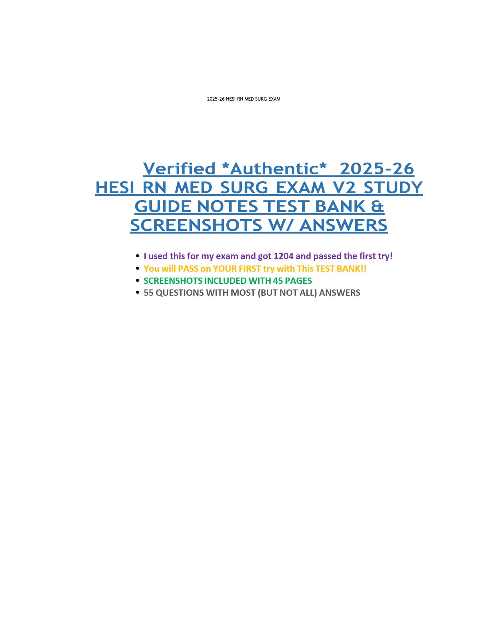 HESI RN MED SURG EXAM V2 STUDY GUIDE NOTES TEST BANK & SCREENSHOTS W ...