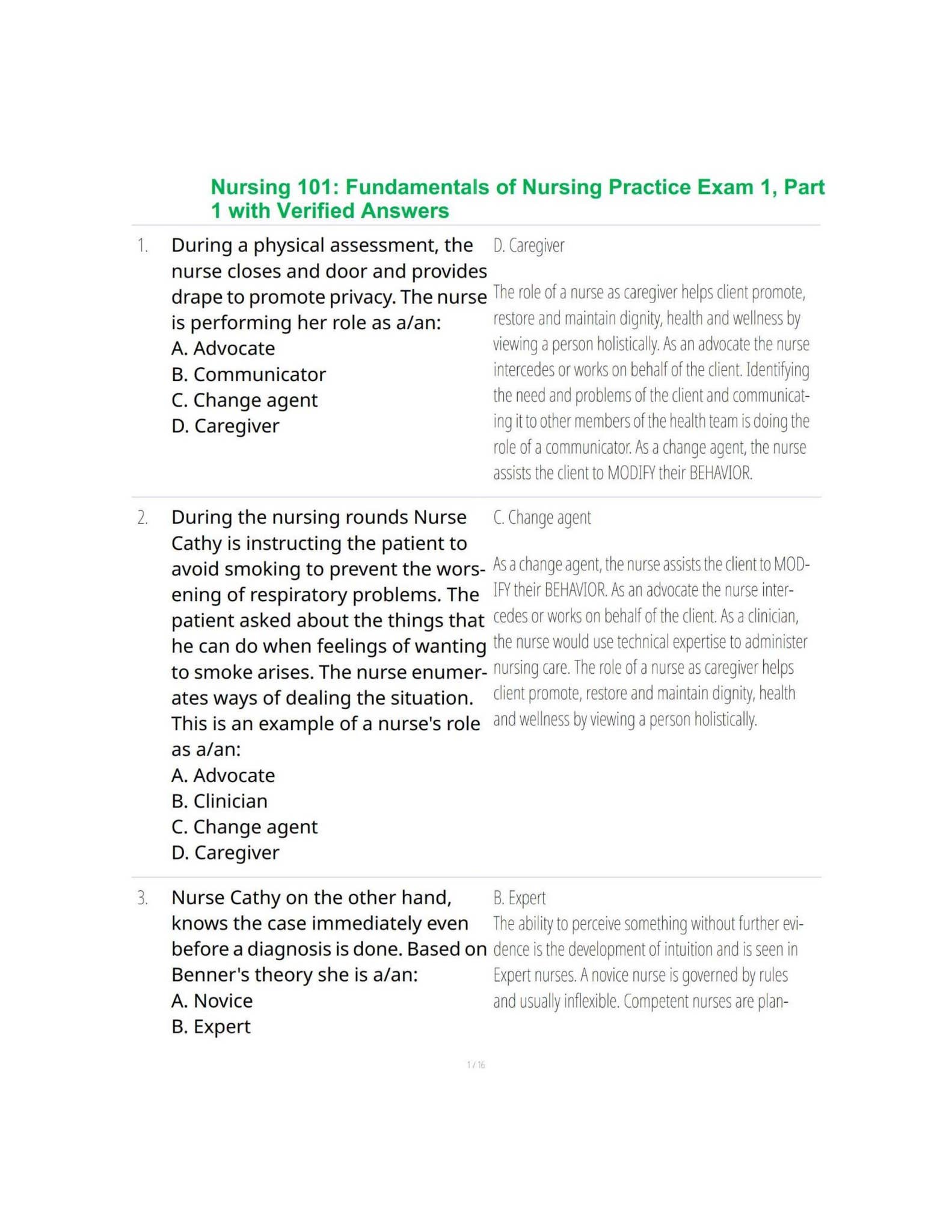Nursing 101 Fundamentals of Nursing Practice Exam 1, Part 1 with ...