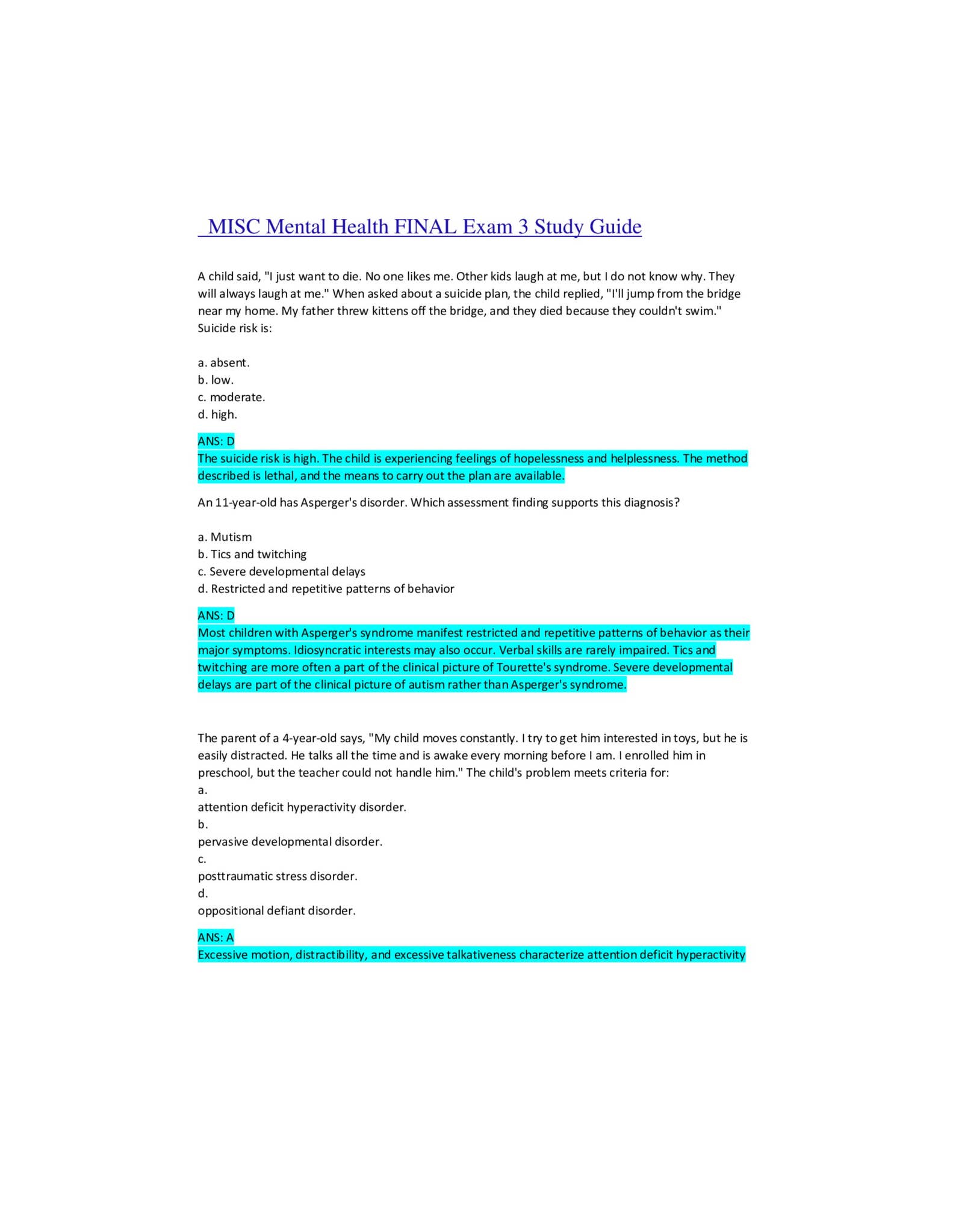 MISC Mental Health FINAL Exam 3 Study Guide by Scholarfriends - Issuu