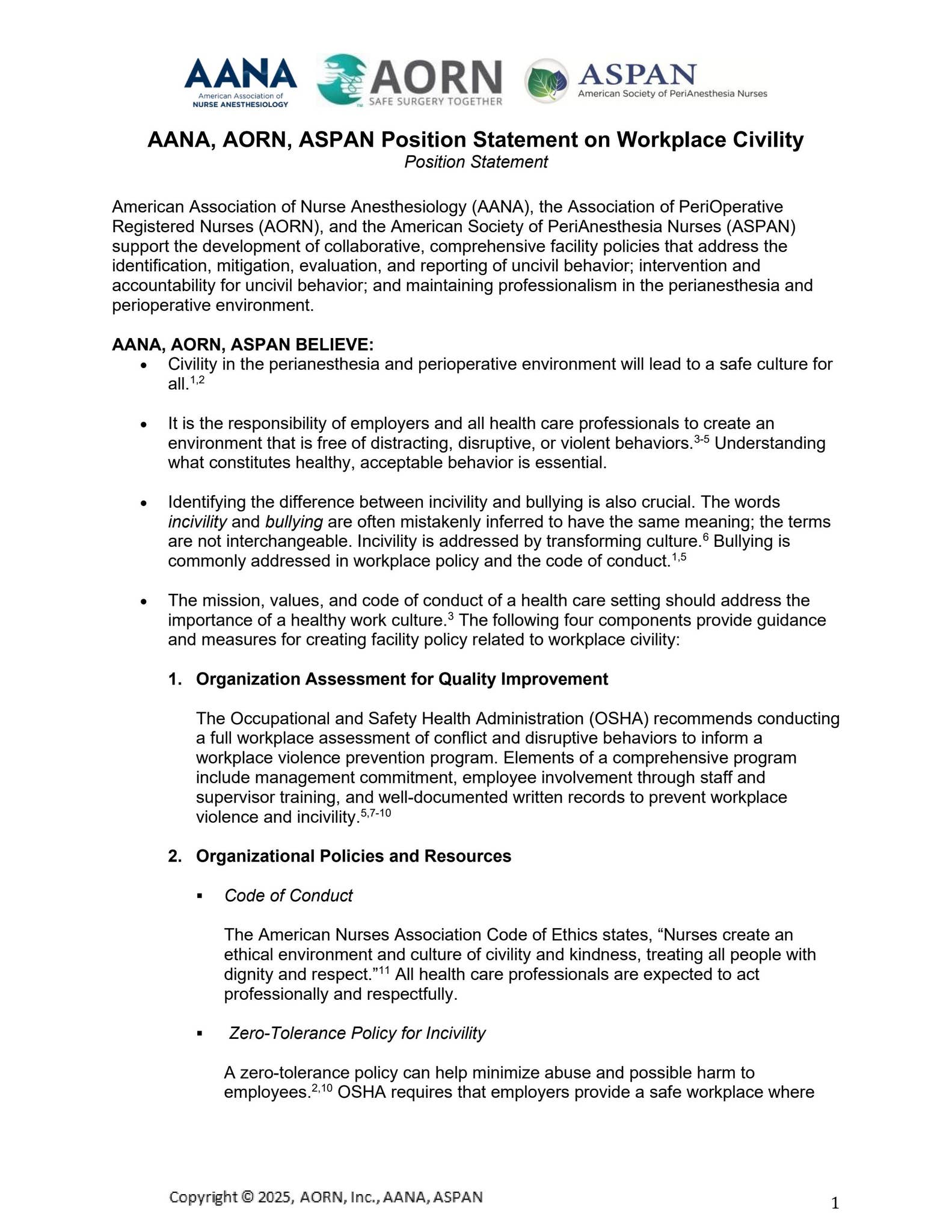 AANA, AORN, ASPAN Position Statement of Workplace Civility by ...