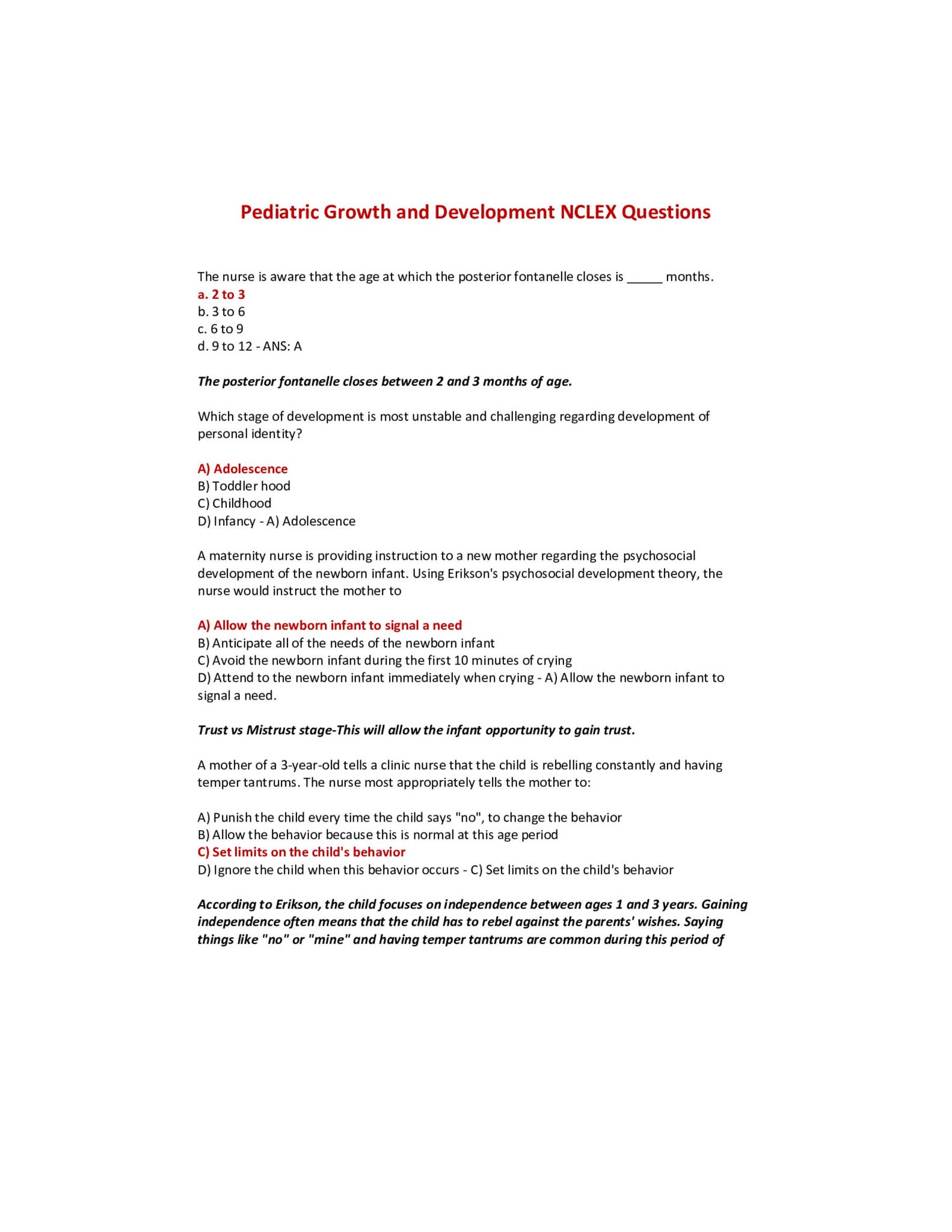Pediatric Growth and Development NCLEX - Questions, Answers and ...