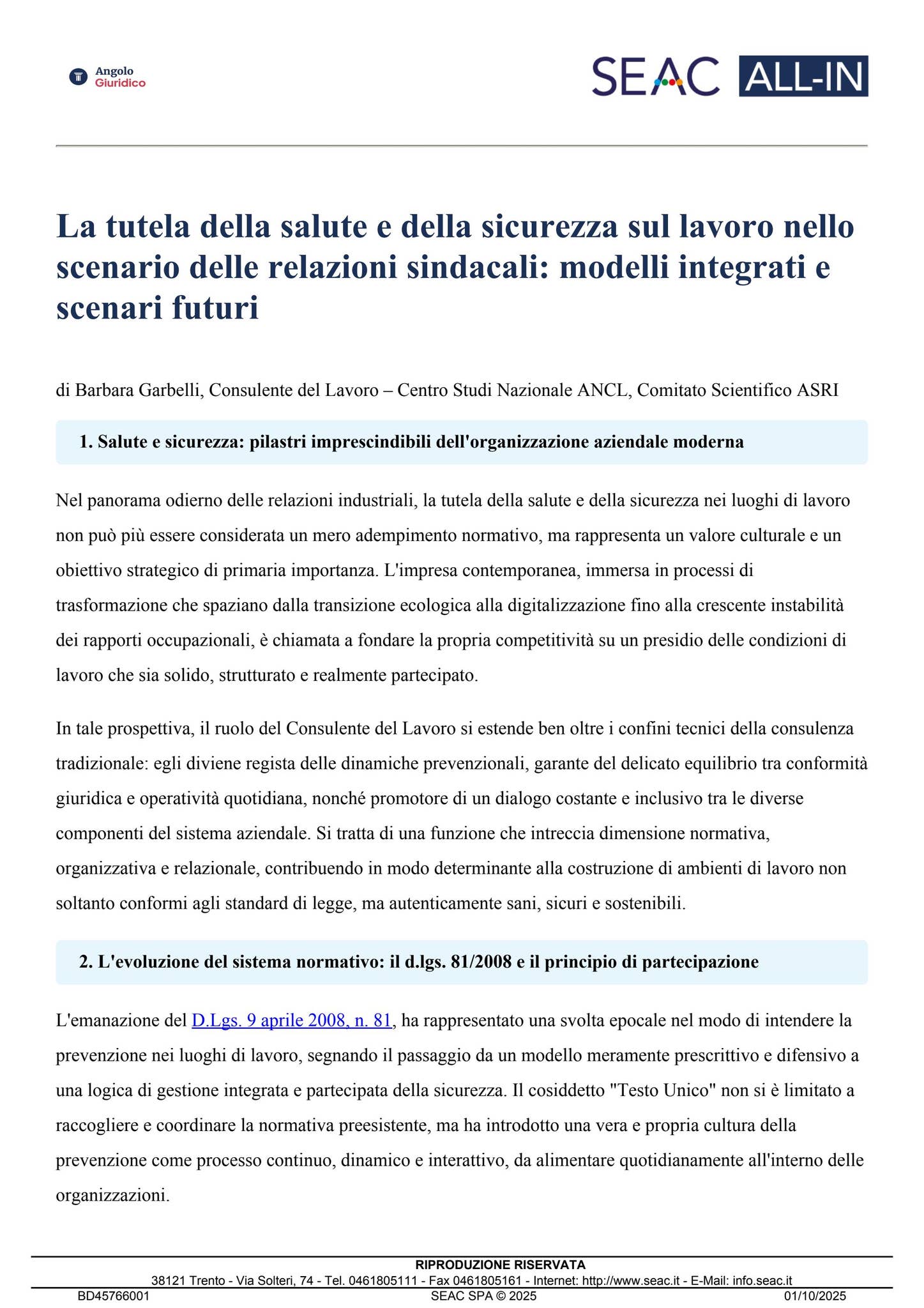 La tutela della salute e della sicurezza sul lavoro nello scenario ...