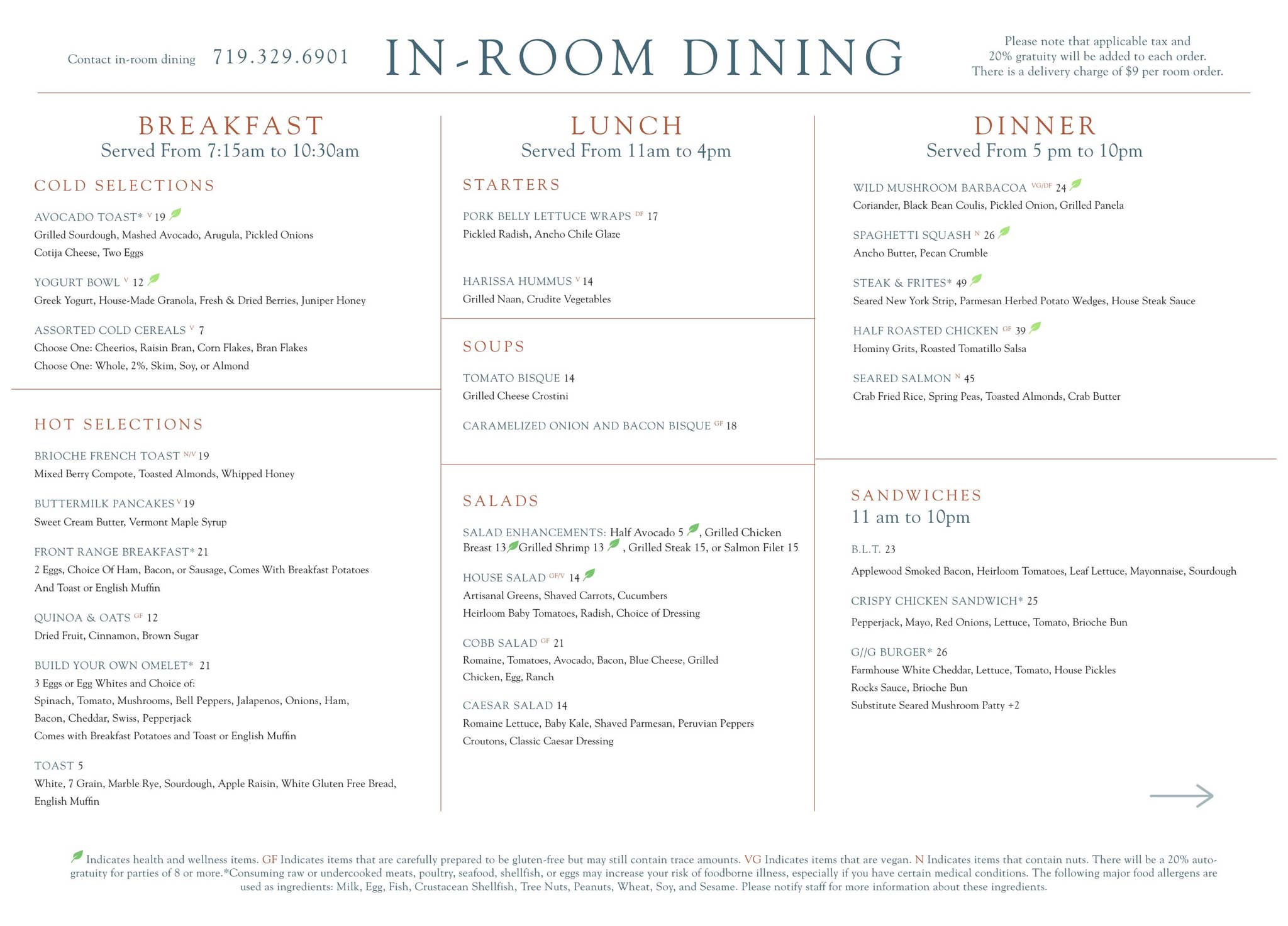In Room Dining Menu Updated 1/15/25 - DO NOT Create New - Only Re ...