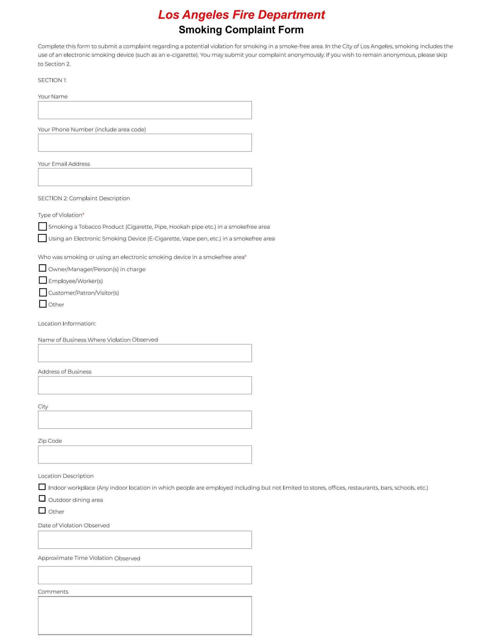 Online Smoking Complaint Submittal Form - FILLABLE by Los Angeles Fire ...