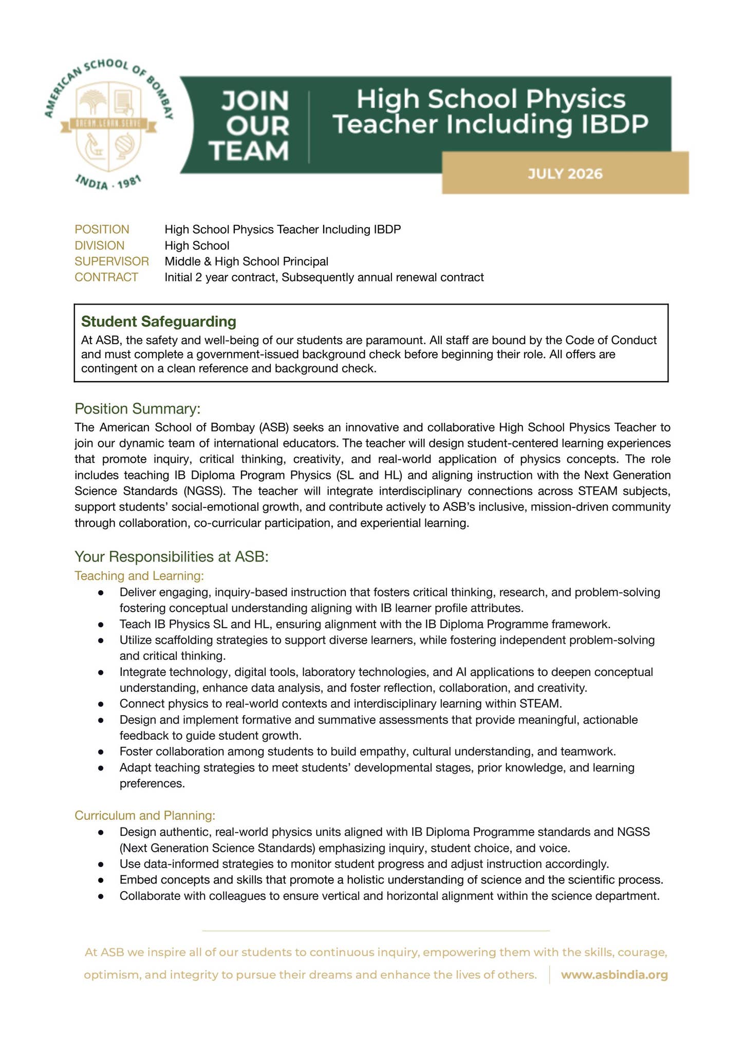 ASB High School Physics Teacher Including IBDP by asbindia.org - Issuu