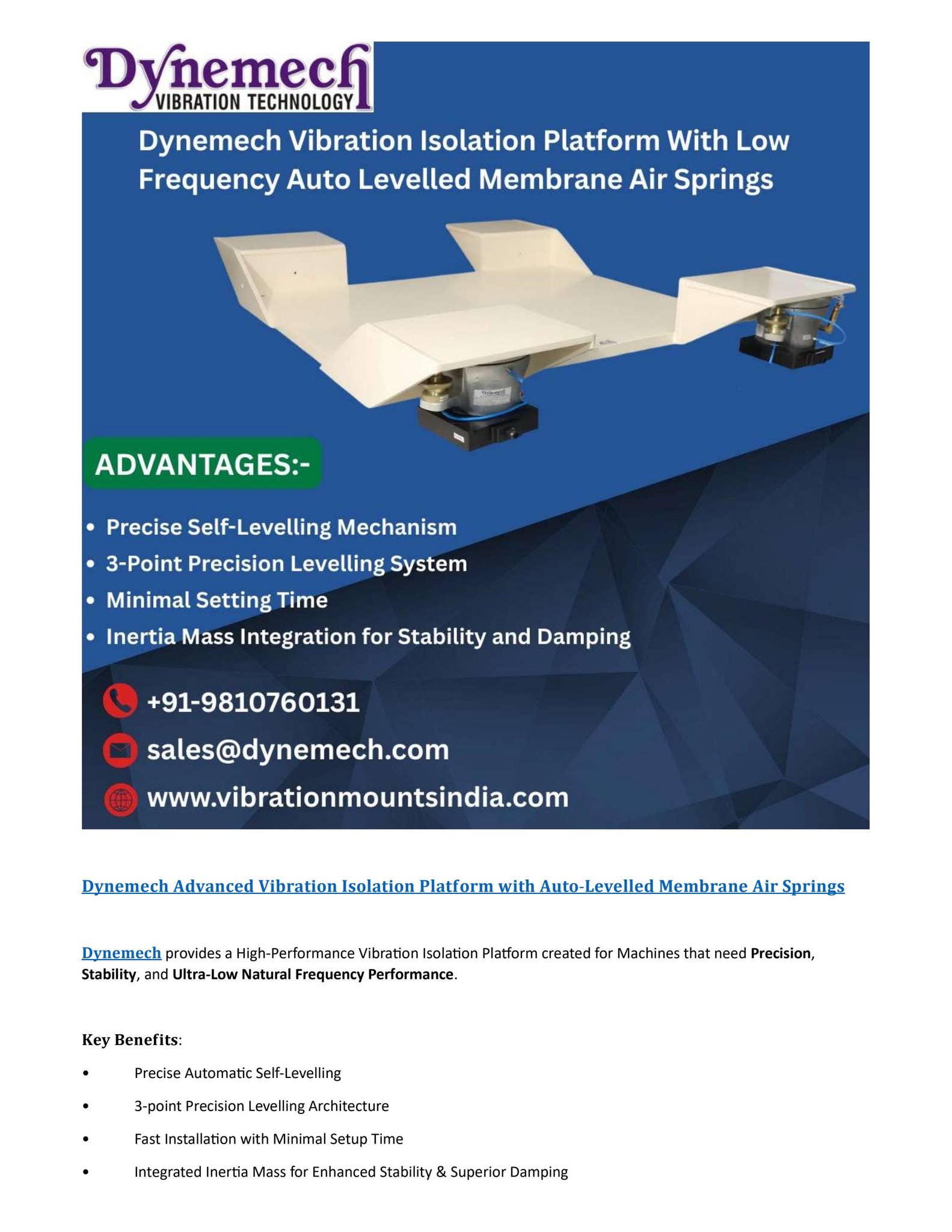 Dynemech Advanced Vibration Isolation Platform with Auto-Levelled ...