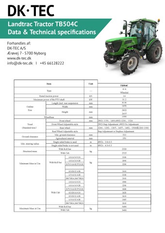 Landtrac Tractor 504C - Data and Technical specifications - sheet