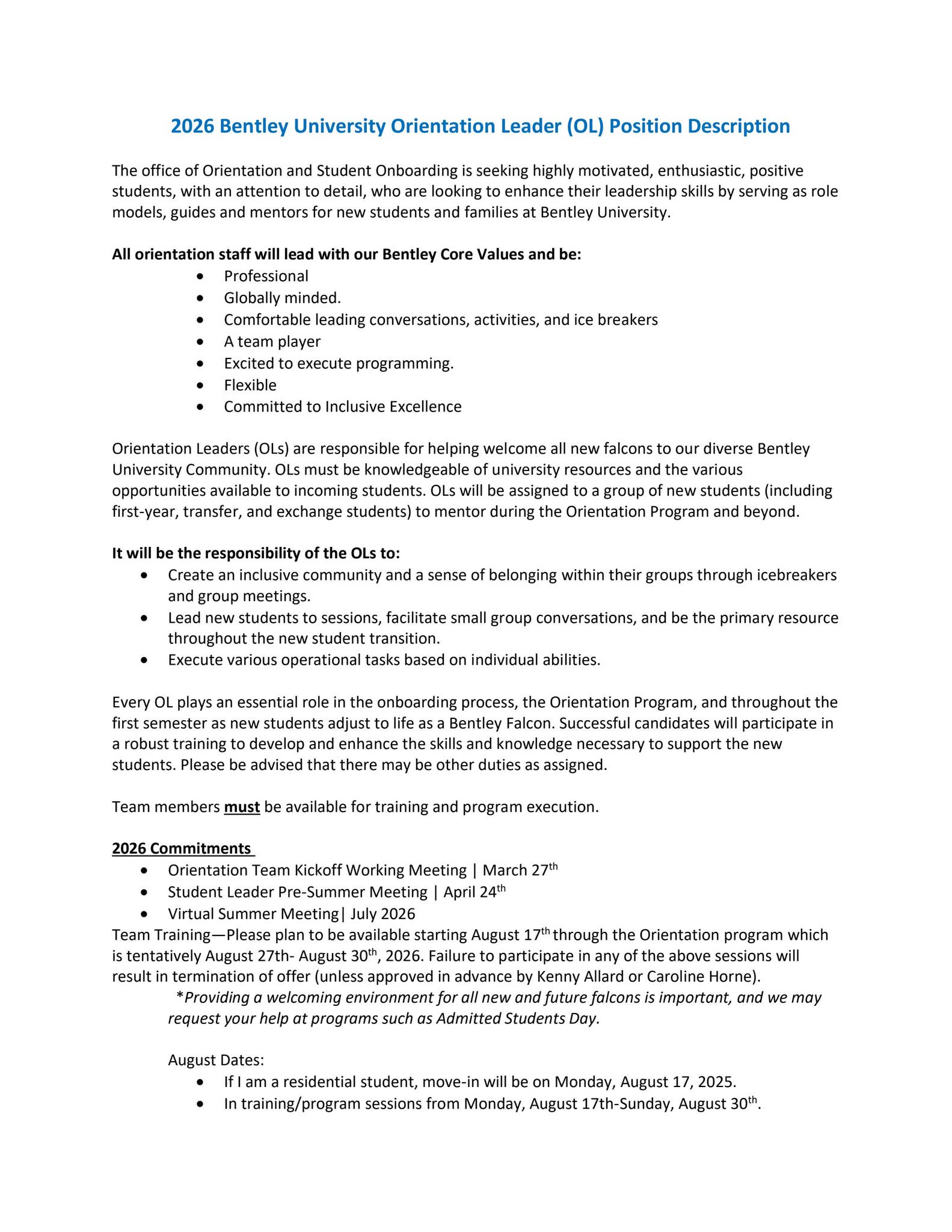 Otl Position Orientation Leader 2026 Job Description by Bentley University New ...